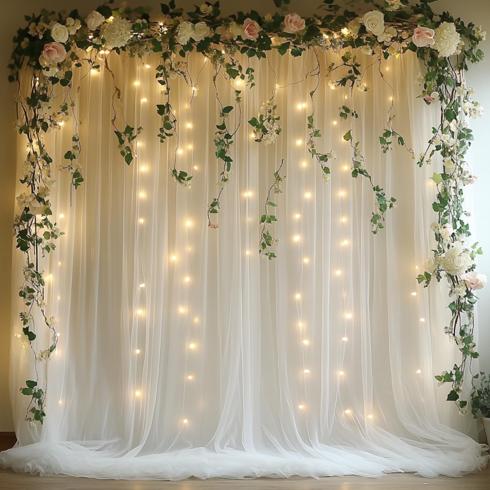 10x10ft White Tulle Backdrop Curtain with String Lights, -Sheer Wedding Backd…
