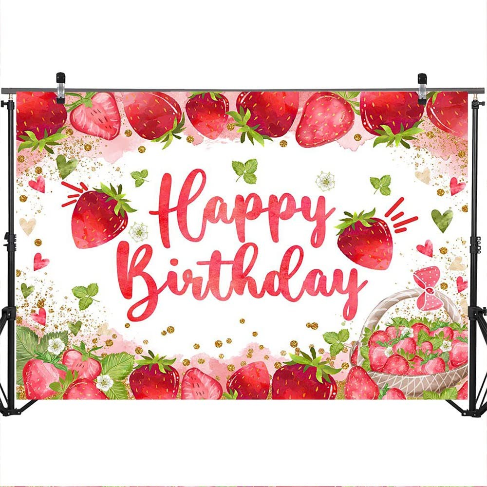 Strawberry Birthday Backdrop 7×5 ft Happy Birthday Girl Party Photo Banner