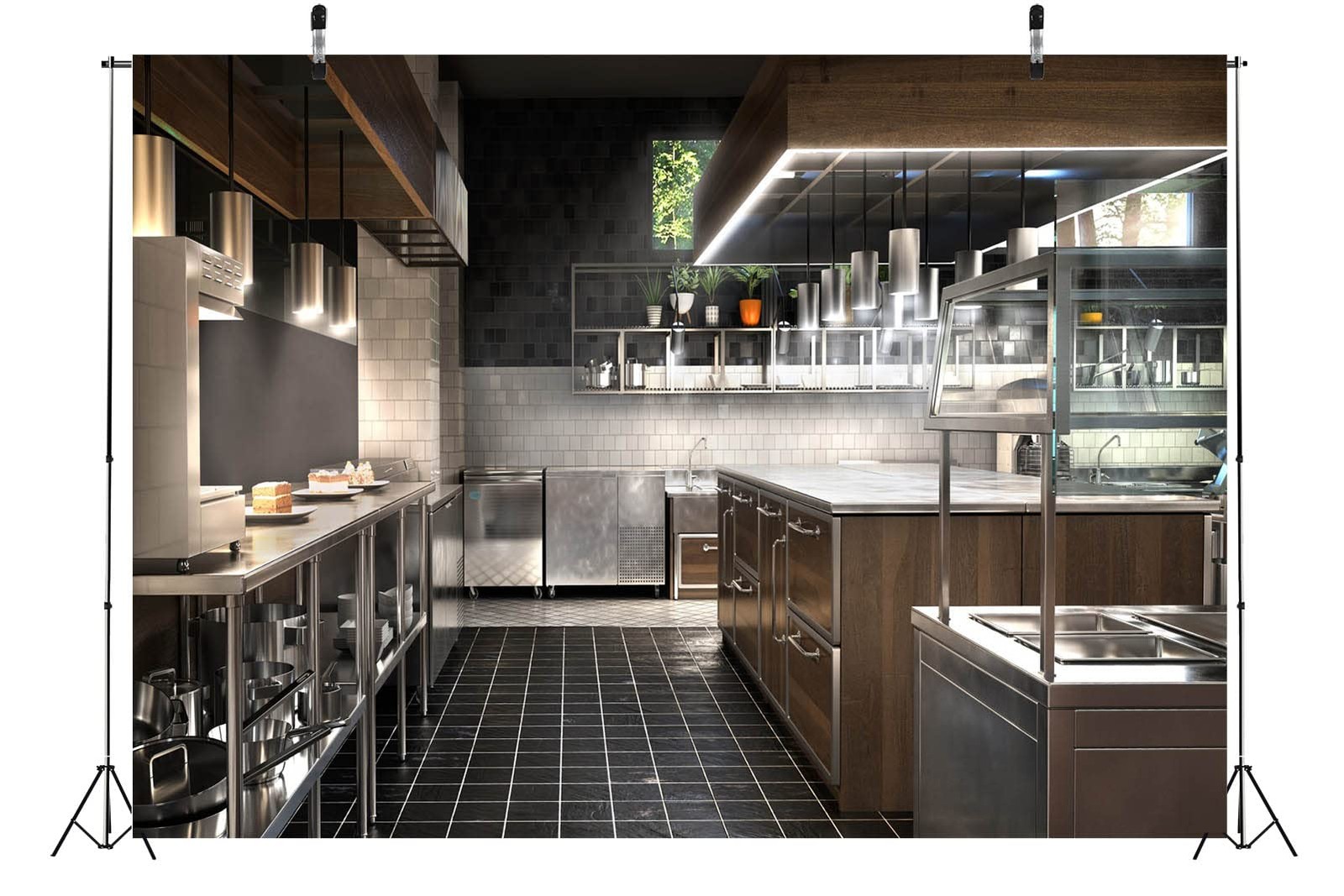 5x3ft Fabric Kitchen Interior Backdrop Luxury Bright Modern Restaurant Cooking