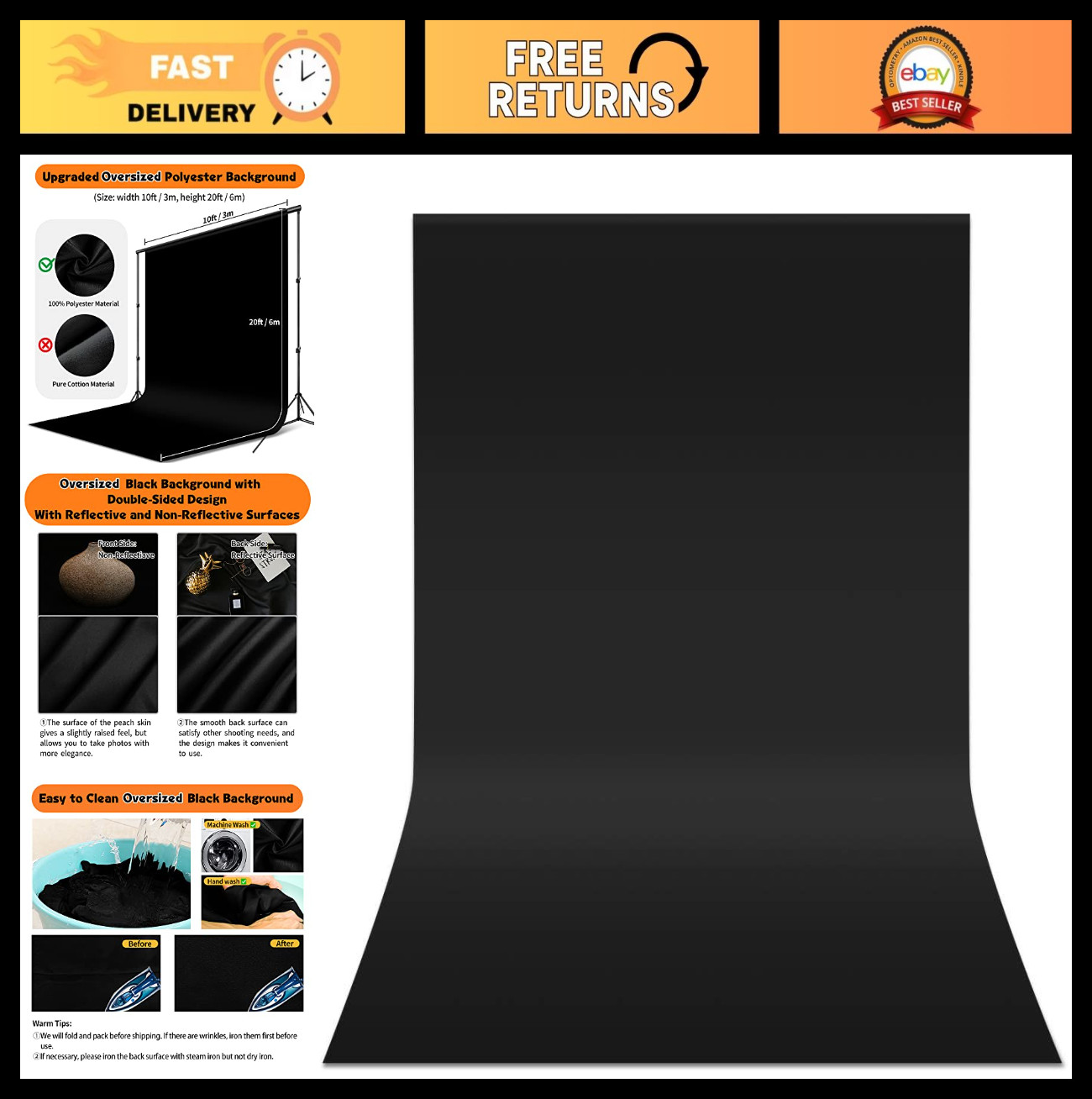 Large Black Backdrop 10×20 ft for Photoshoot, Party & Video Studio Photography