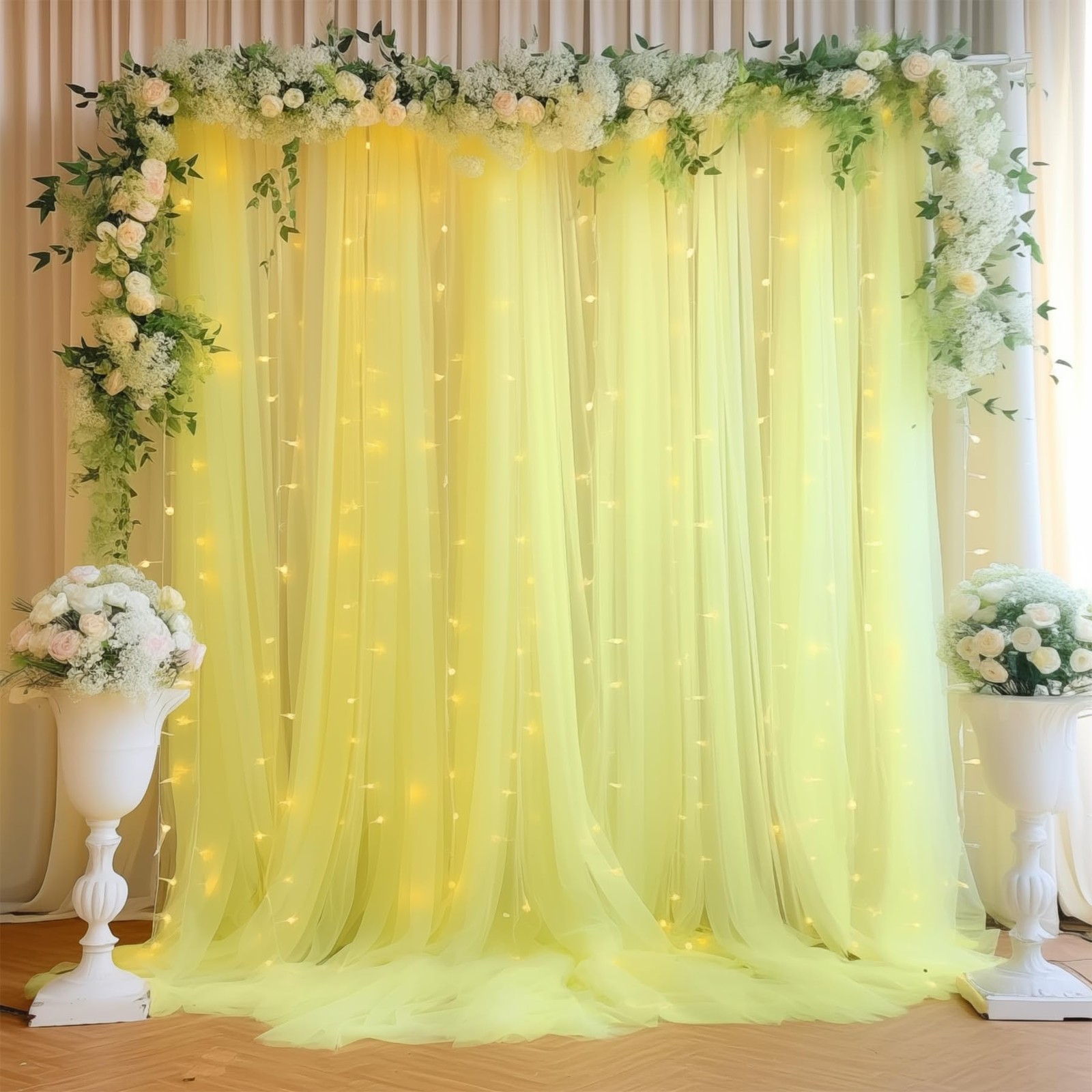 108ft Yellow Tulle Curtain Backdrop With Lights String Wedding Party Drapes