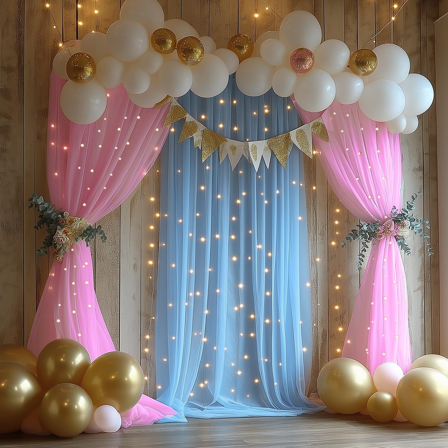 2 PCS 10×10 FT Baby Blue Tulle Backdrop Curtain String Light Sheer Drape