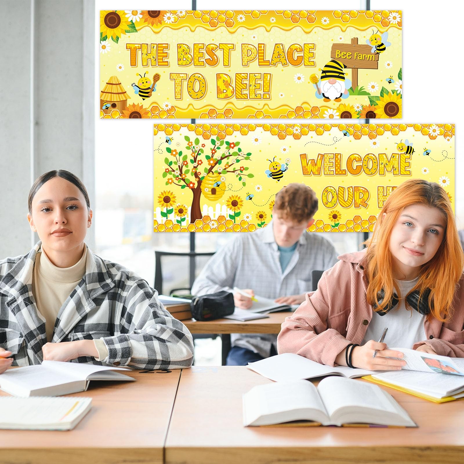 2 Pcs Bee Classroom Decorations Banner Bumble Bee Sunflower Banner Daisy Flow…