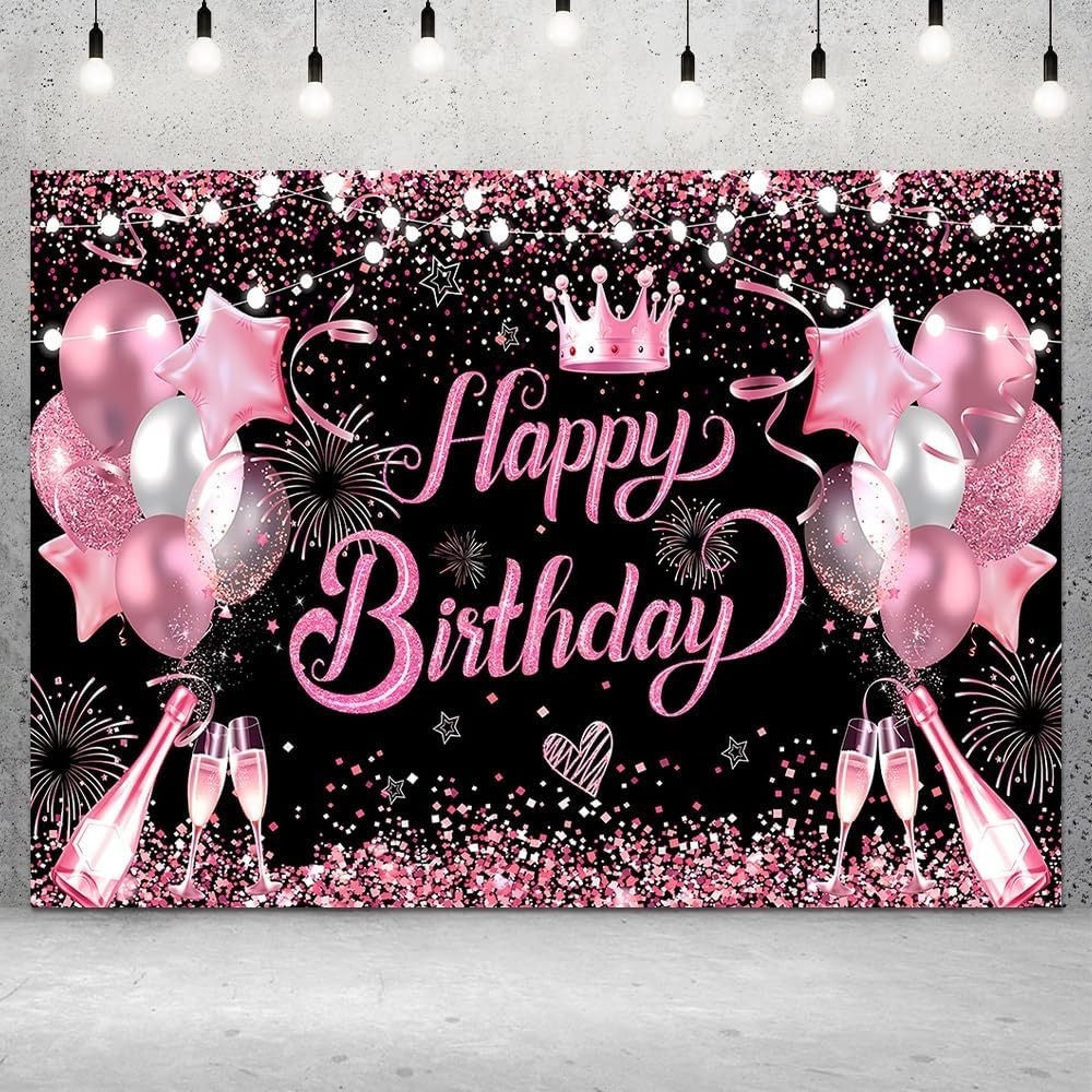 7X5Ft Pink and Black Happy Birthday Backdrop Women Birthday Party Photography