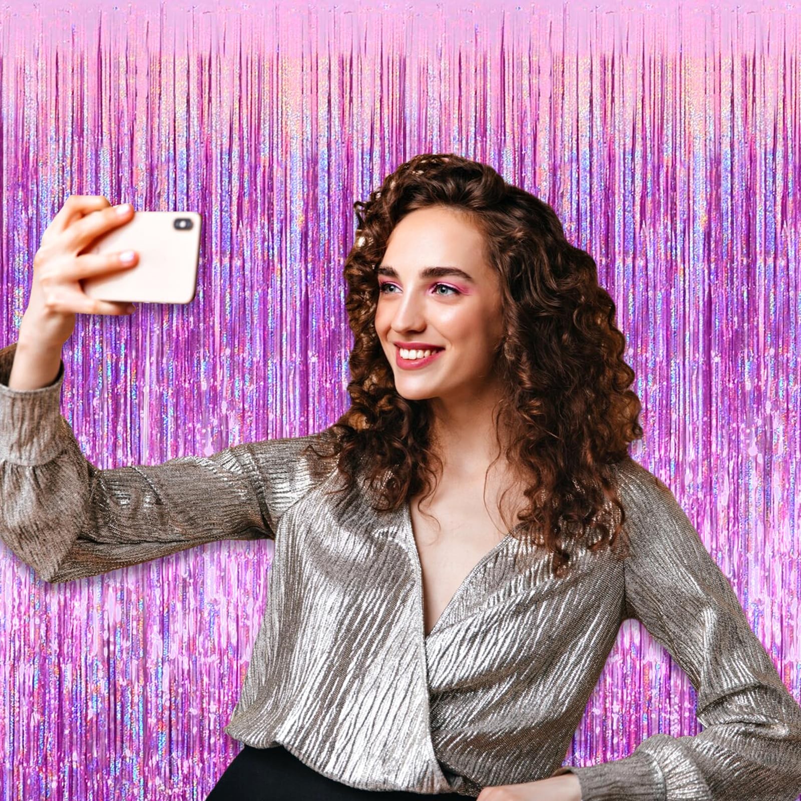 Pink Metallic Foil Fringe Curtain Backdrop Party Streamers 3.28×8.2 Ft 6 PK