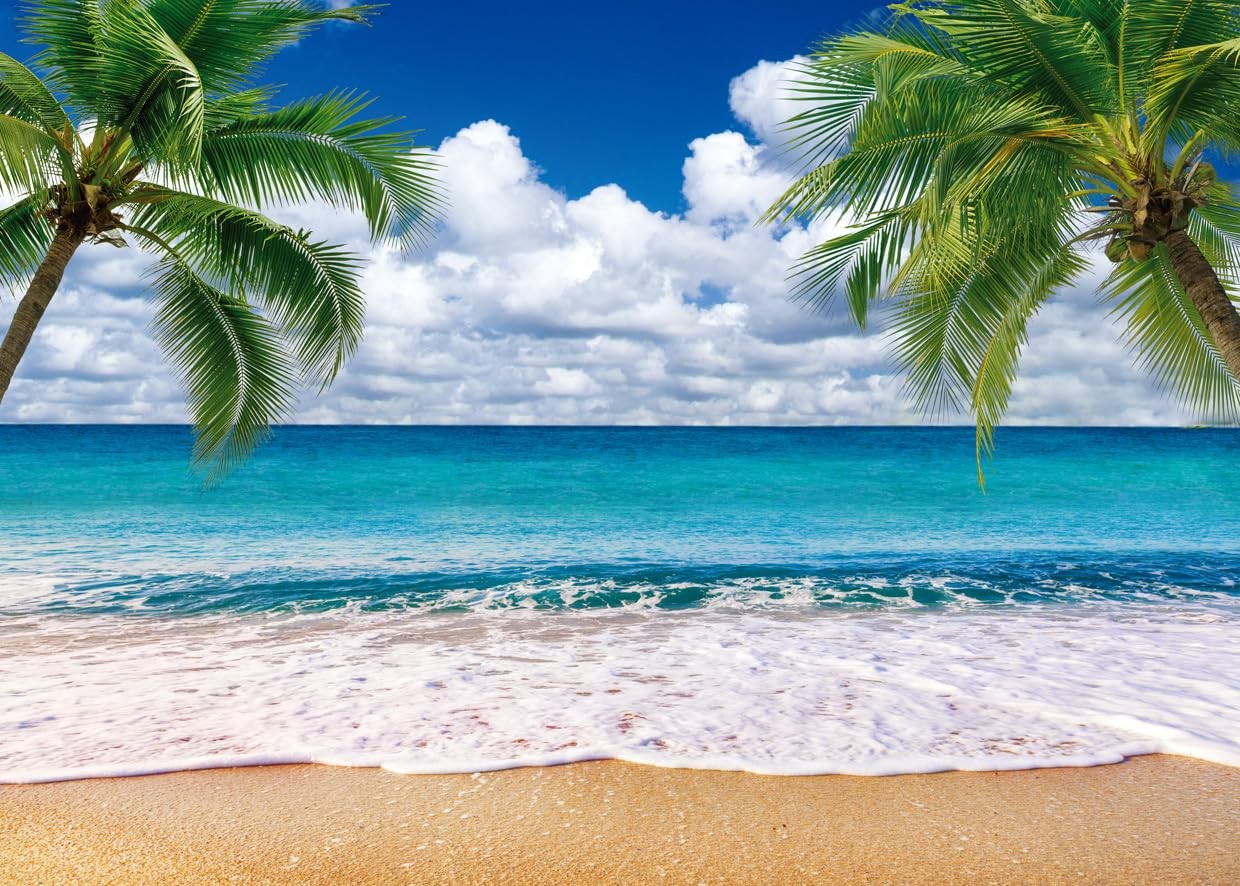 7x5ft Summer Tropical Beach Backdrop, Blue Sea, Palm Leaves, Luau, X-255