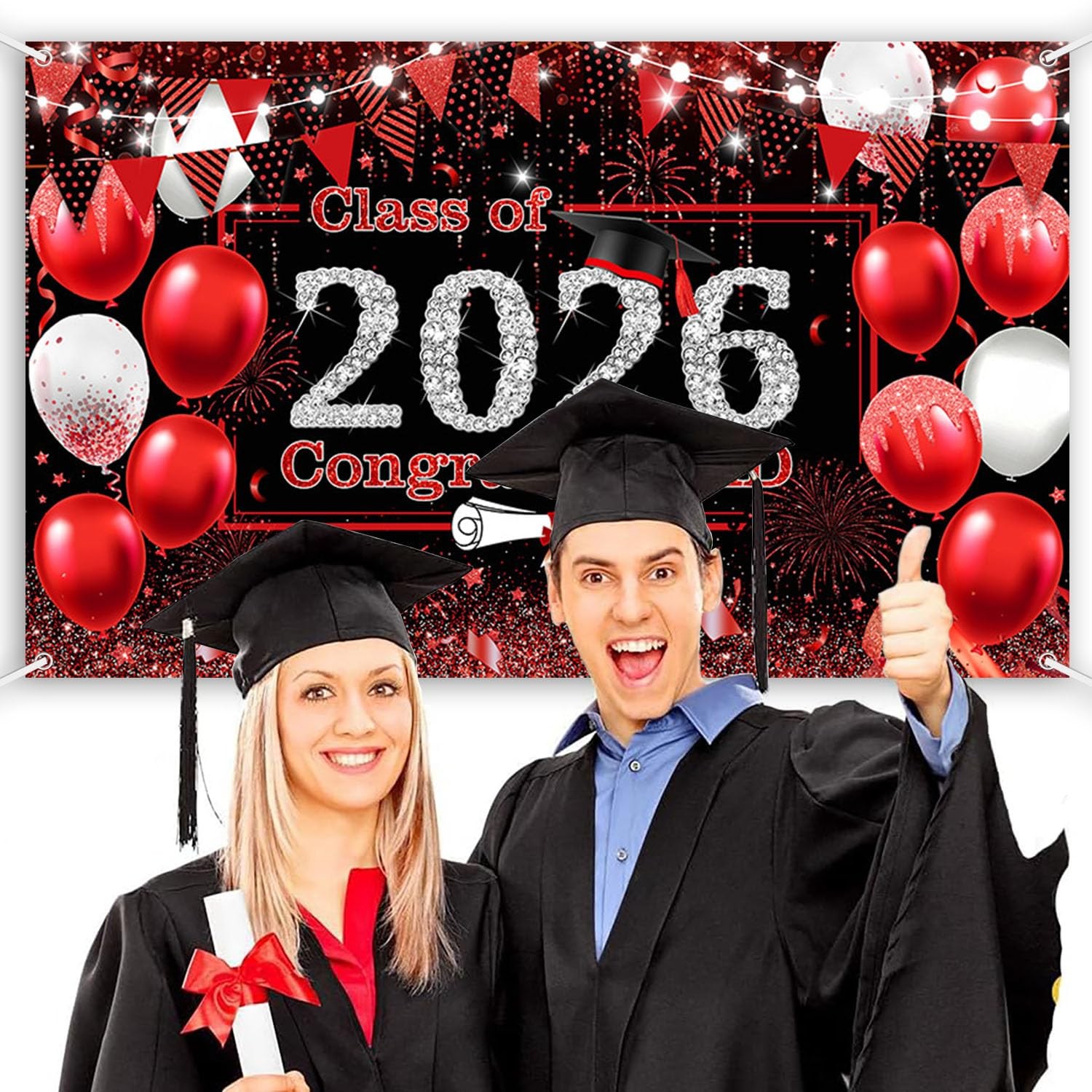 Red Graduation Backdrop Red and Black Graduation Decorations 2026 Congrats Grad
