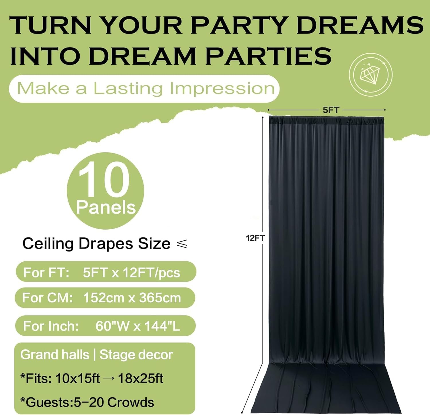 50ft×12ft Black Backdrop Curtain for Wedding W5′ x H12′(10 panels),
