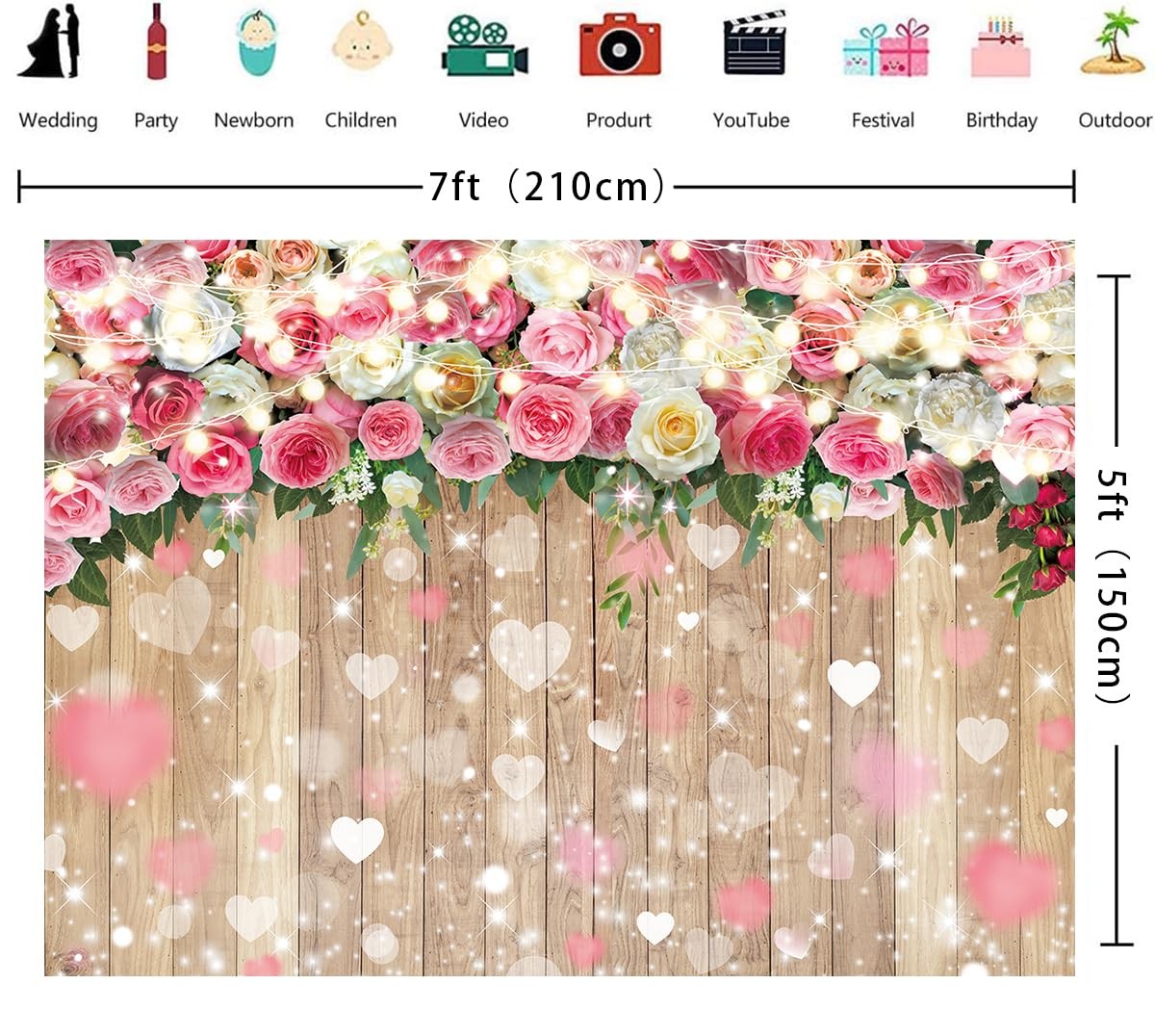 Romantic Pink Rose Flower Backdrop 7x5FT Floral Hearts Wooden Wall Background fo