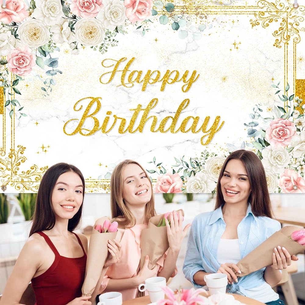 6×3.6ft Happy Birthday Backdrop for Girl Women Photography Background Flower Whi