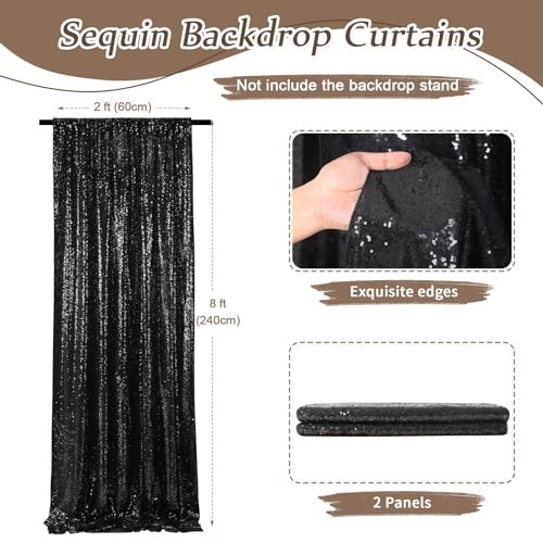 Backdrop Curtains for Parties 2 Panels 2ftx8ft Sequin 2 pcs-2ftx8ft Black
