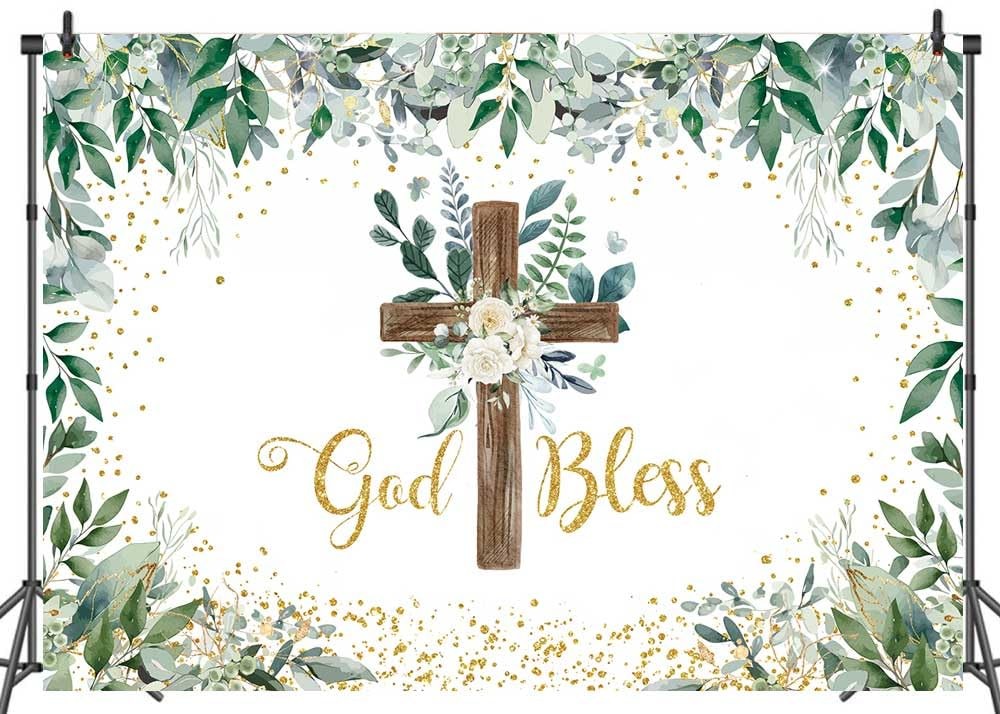 Eucalyptus God Bless Backdrop Greenery Wooden Cross Baptism Photo 8×6 FT