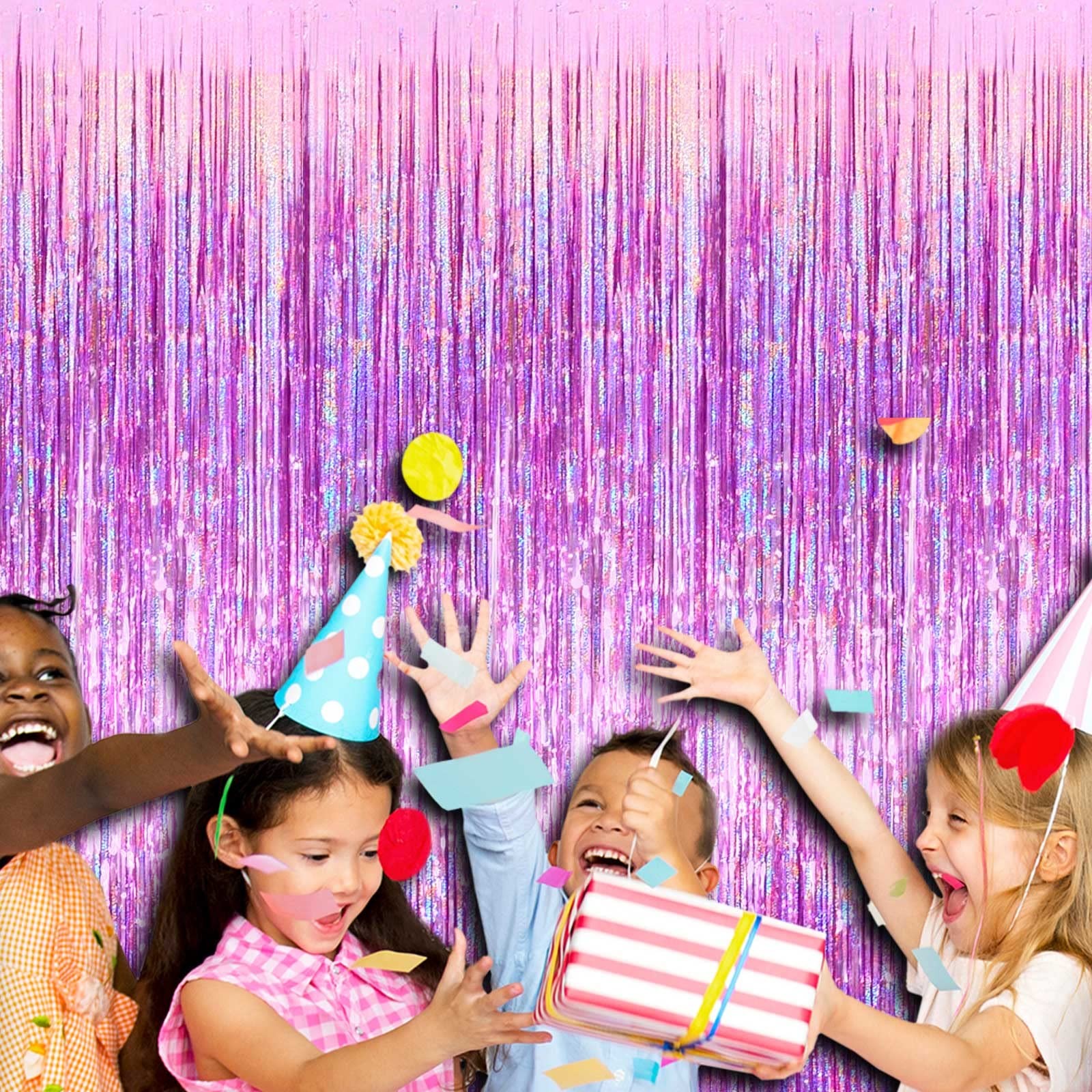 4 Pack Pink Tinsel Foil Fringe Curtain Backdrop 3.28×8.2Ft Metallic Streamer