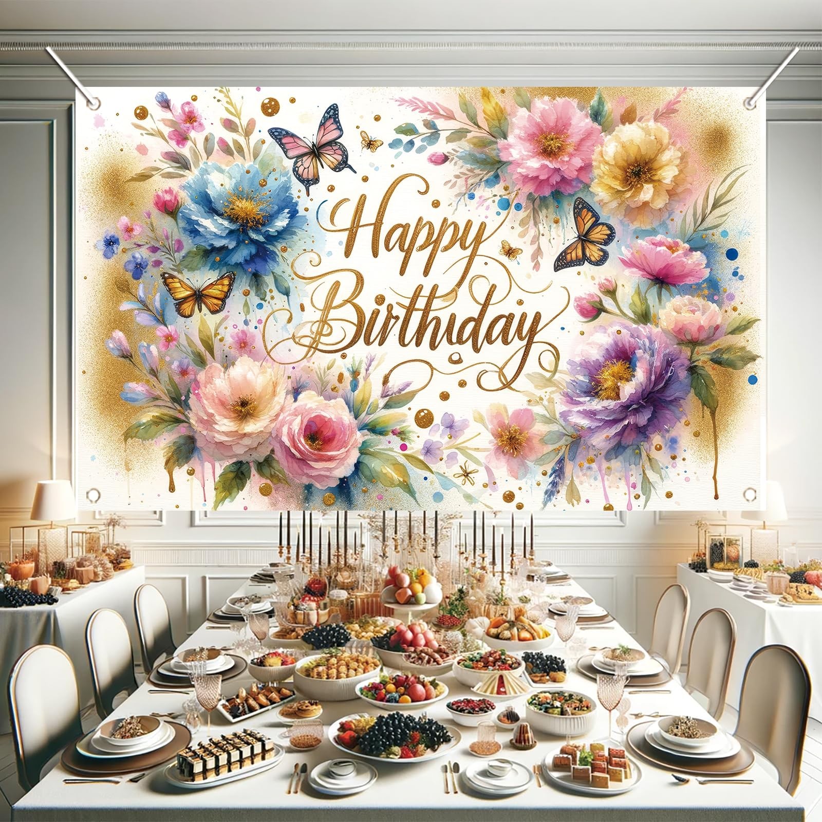 Floral Birthday Backdrop for Girls 71 inches x 43 inches, Butterfly