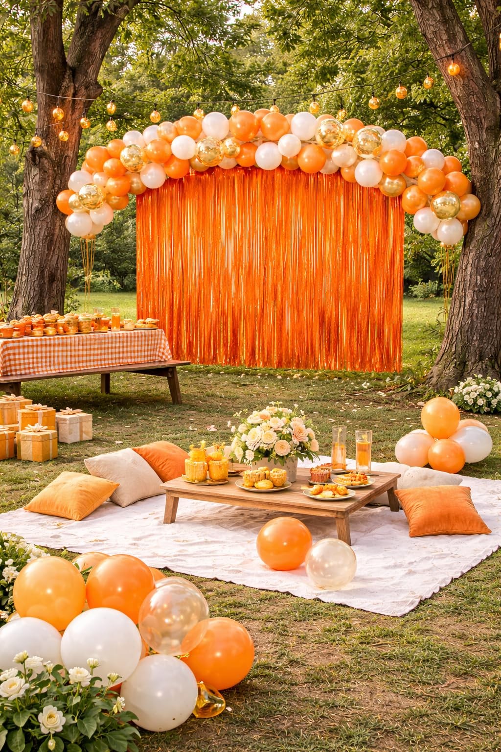 2 PCS 3.2×6.4 Ft Orange Macaron Foil Fringe Backdrop Curtain Tinsel Party