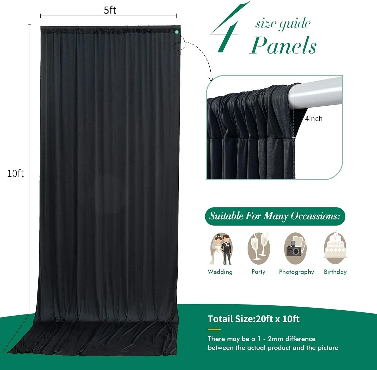 20 ft x 10 ft Black Wrinkle Free Backdrop Curtain for Parties