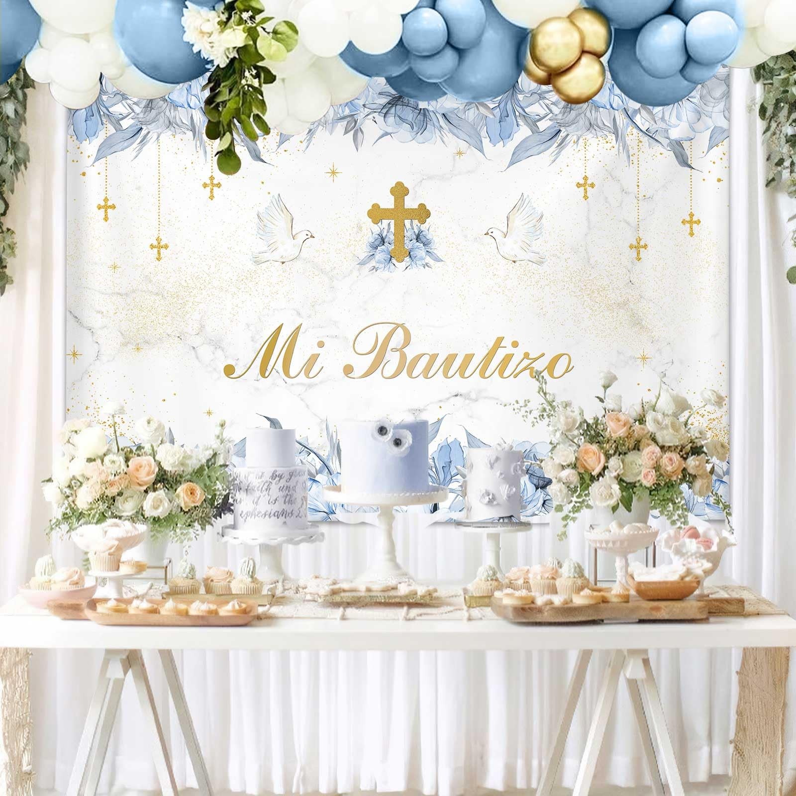 7x5ft Mi Bautizo Backdrop, Boy, Blue Floral, First Communion, God Bless