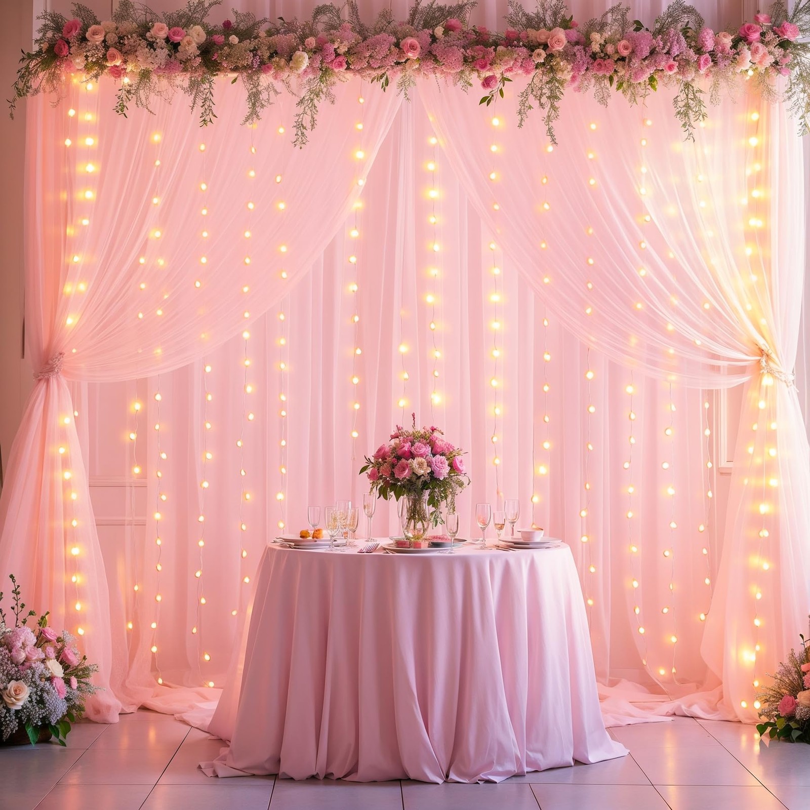 10x10FT Pink Wrinkle Free Backdrop Curtains Lights String Wedding Photo Prop