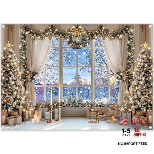 7x5ft White Snow Forest Scene Fabric Backdrop for Christmas Window