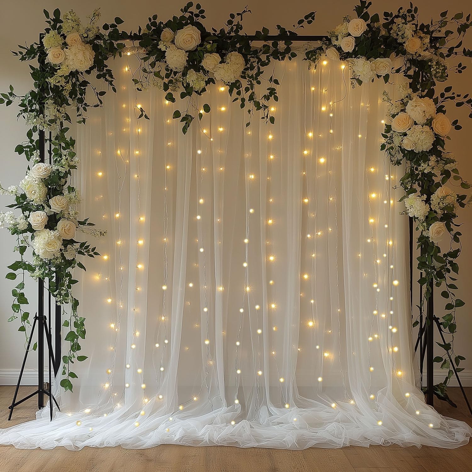 EMHOLDBU 10x10ft White Tulle Backdrop Curtain with Lights String Sheer Drapes