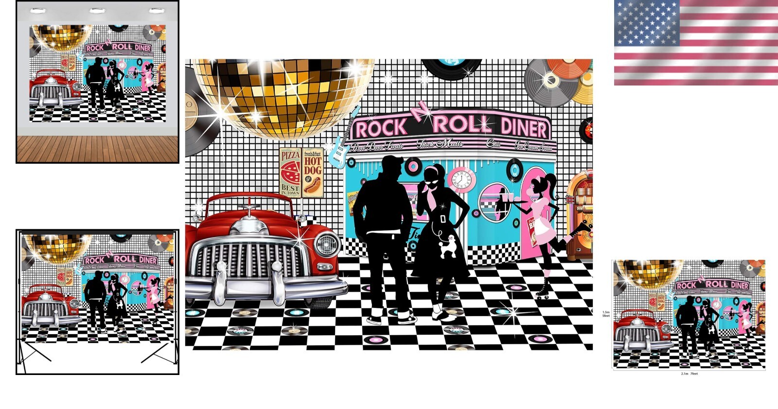 Vibrant 50s Diner Photo Booth Backdrop 7×5 Feet – Perfect for Nostalgic Events