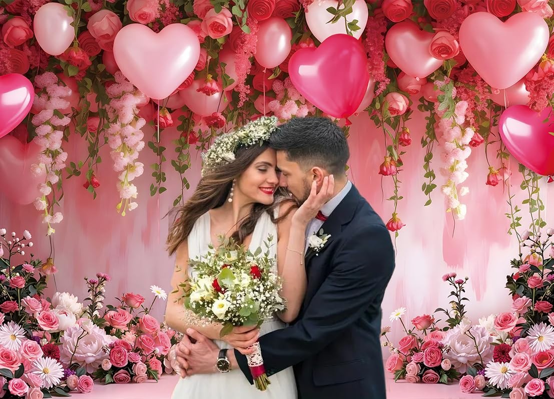 Flowers Wall Backdrop Pink Flowers Love Heart Balloons Romantic Photography B…