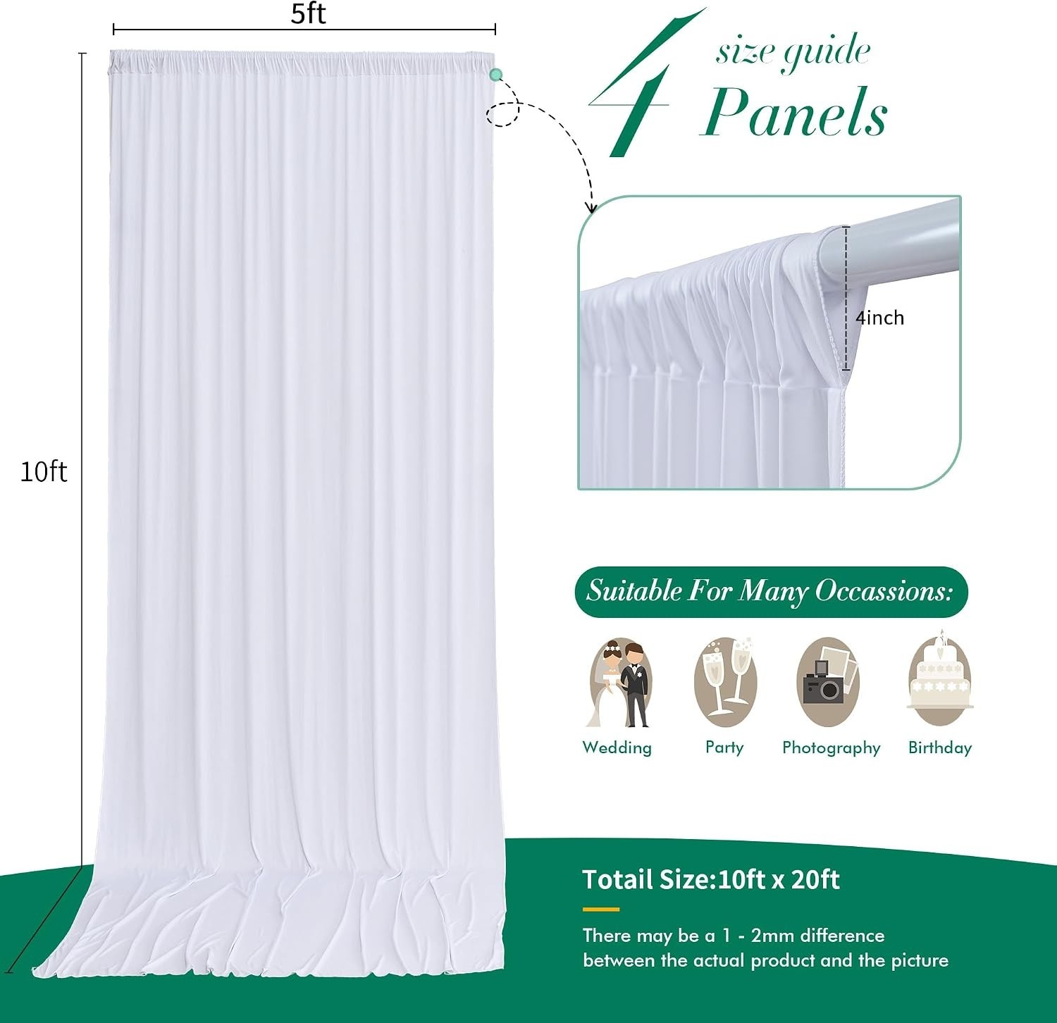20 ft x 10 ft Wrinkle Free White Backdrop Curtain for Wedding Parties, Polyes…