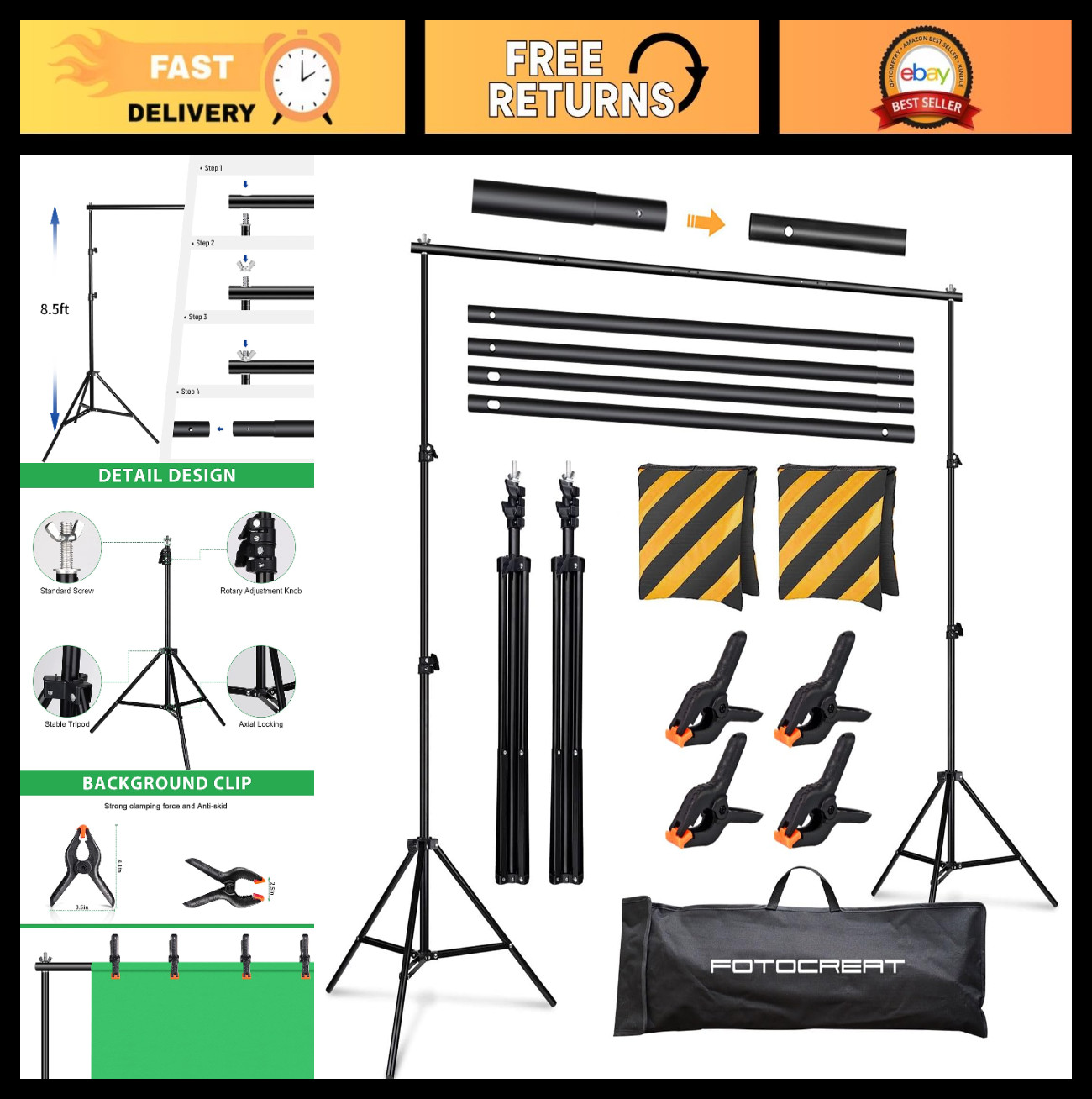 Adjustable 8.5x10ft Backdrop Stand Kit for Photo Video Studio, Wedding & Party U