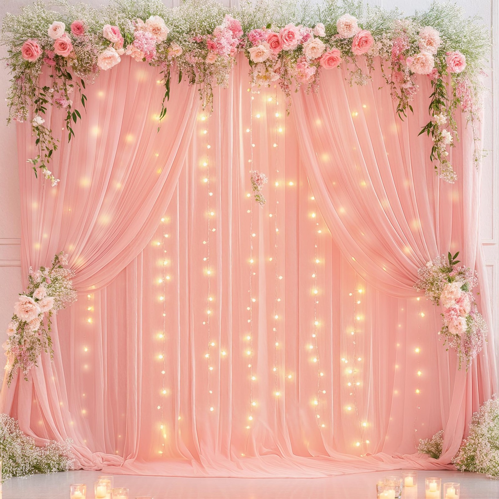 10ft x 10ft Baby Pink Chiffon Backdrop Curtain with Lights String for Parites…