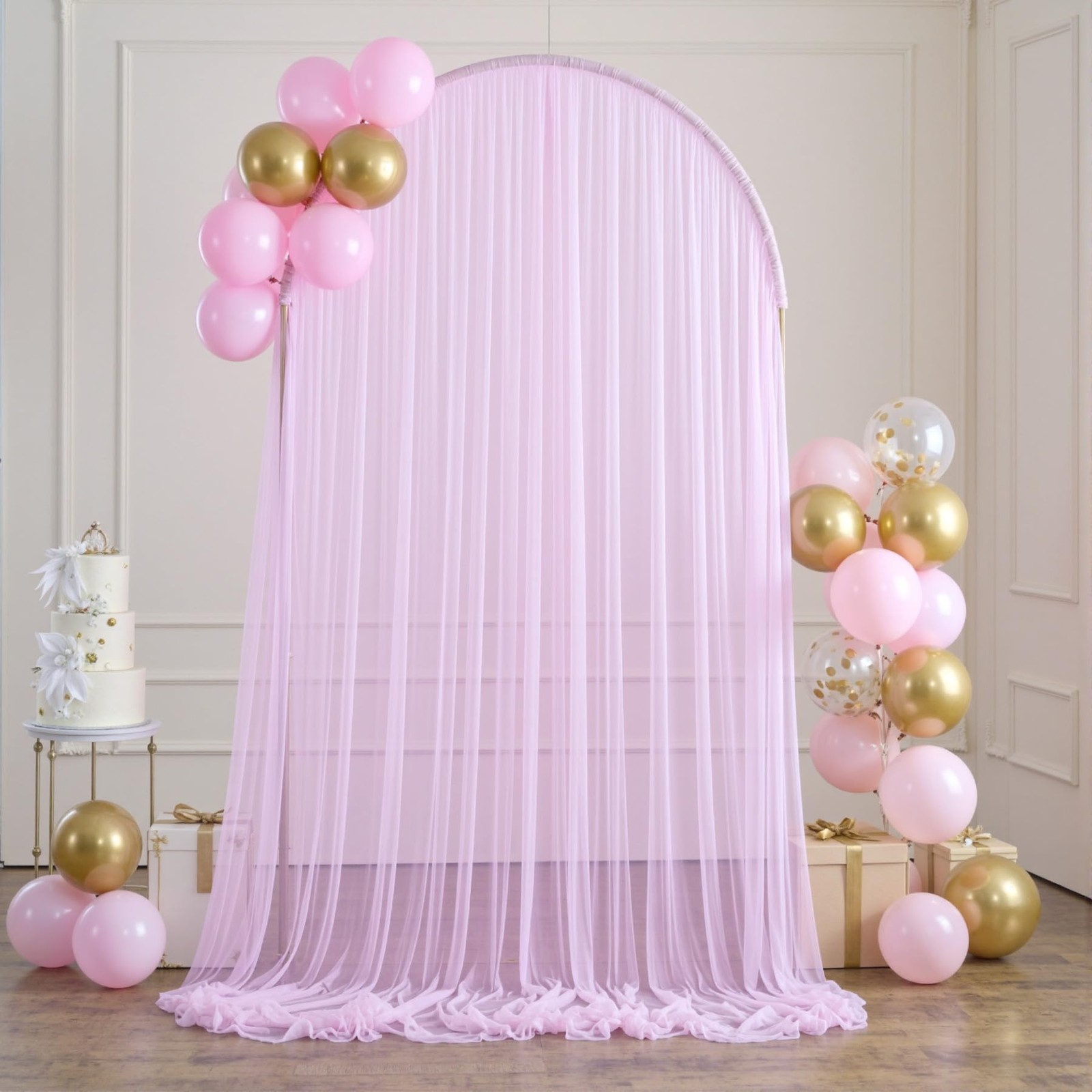 10x4ft Pink Tulle Wrinkle Free Double Arch Backdrop Cloth Sheer Curtains