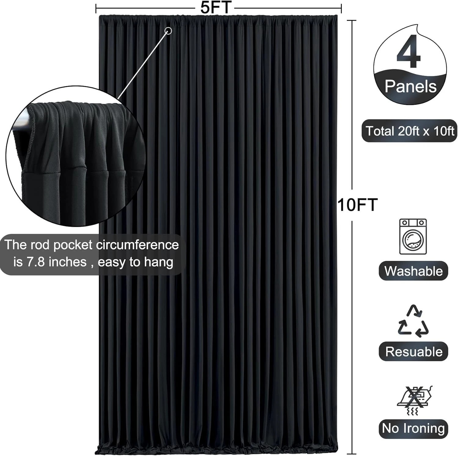 Elegant Black 20ft x 10ft Backdrop for Photography & Parties – 4 Panels Included