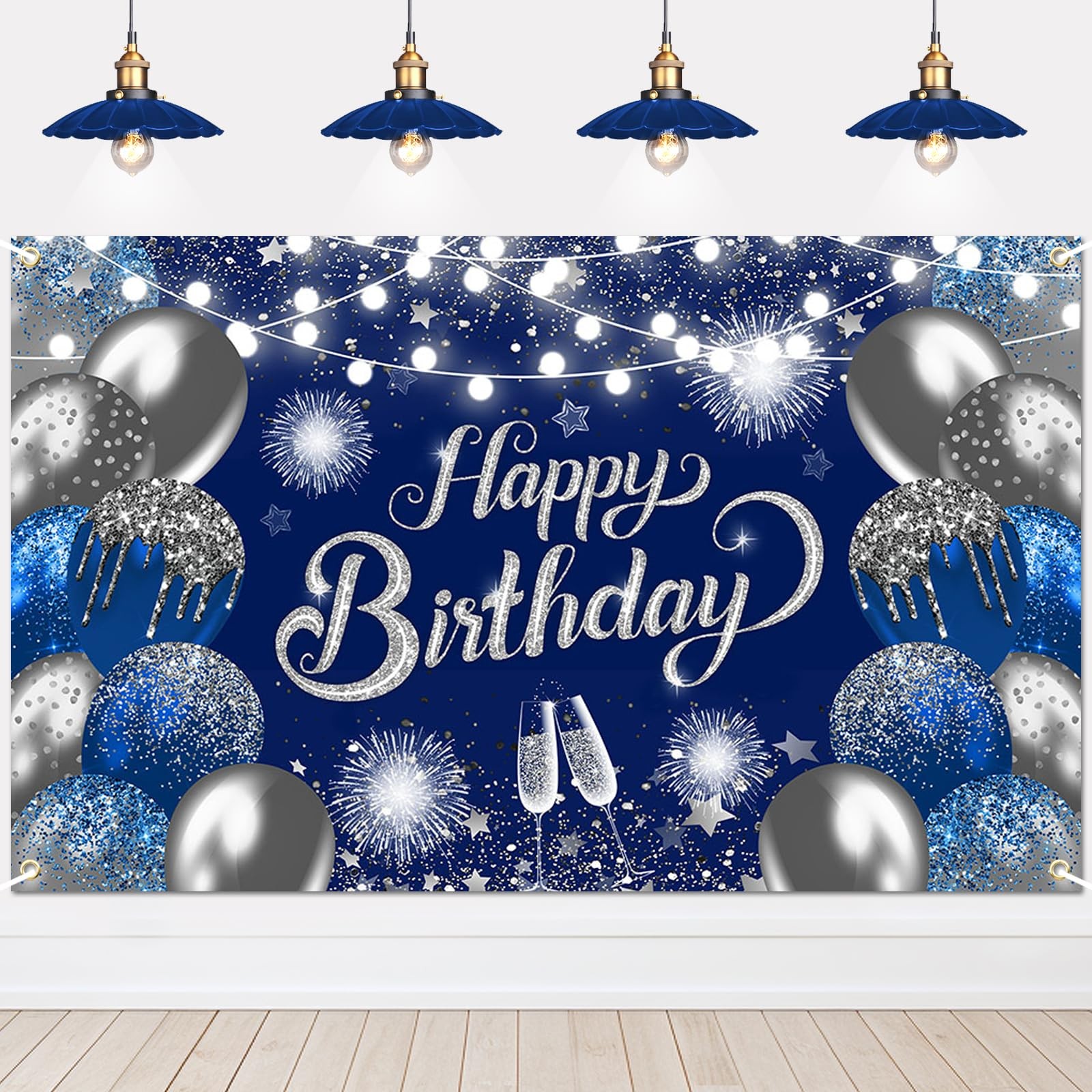 Blue Birthday Banner 6×3.6 ft Blue Silver Backdrop for Men Birthday Party Dec…