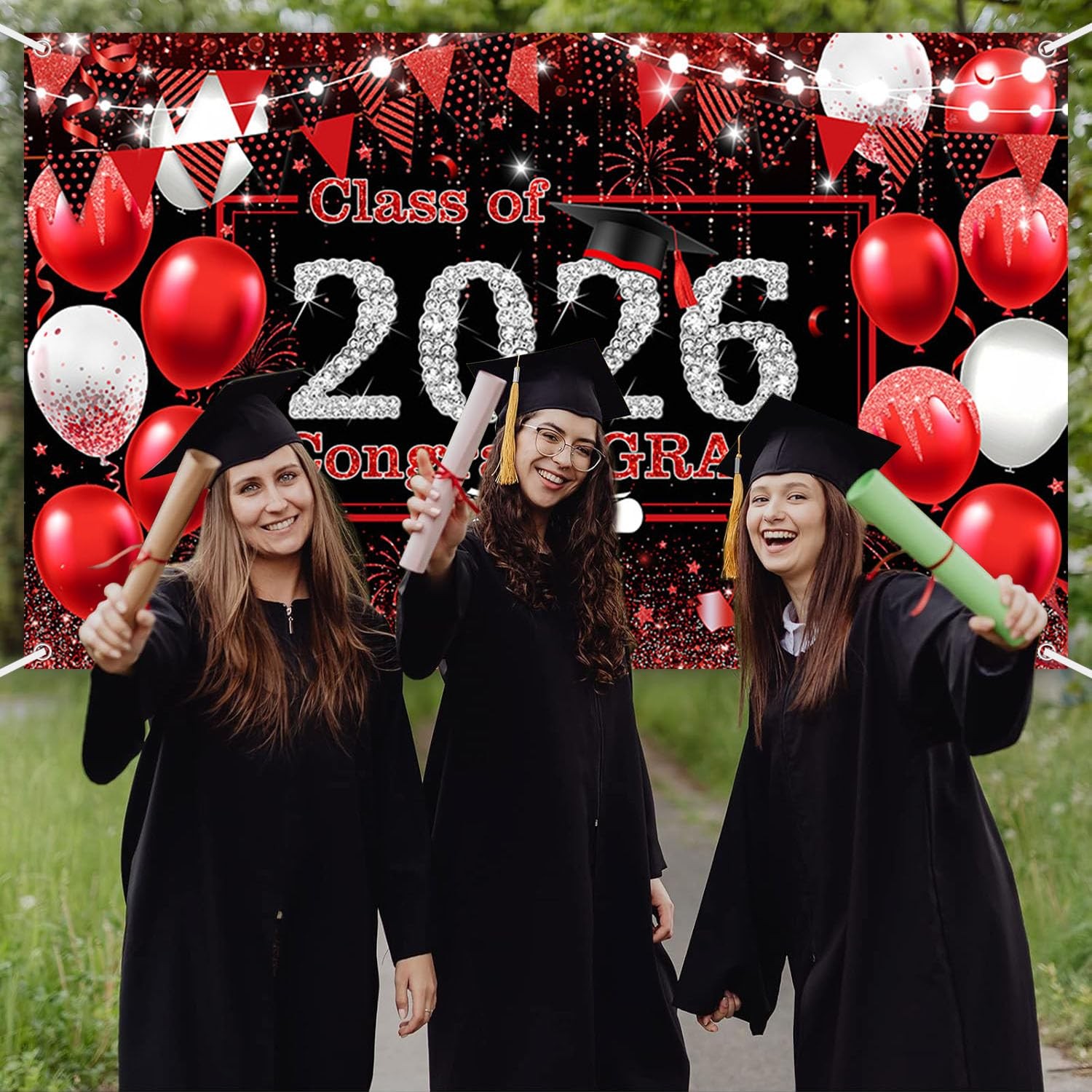 Red Graduation Backdrop Red and Black Graduation Decorations 2026 Congrats Grad