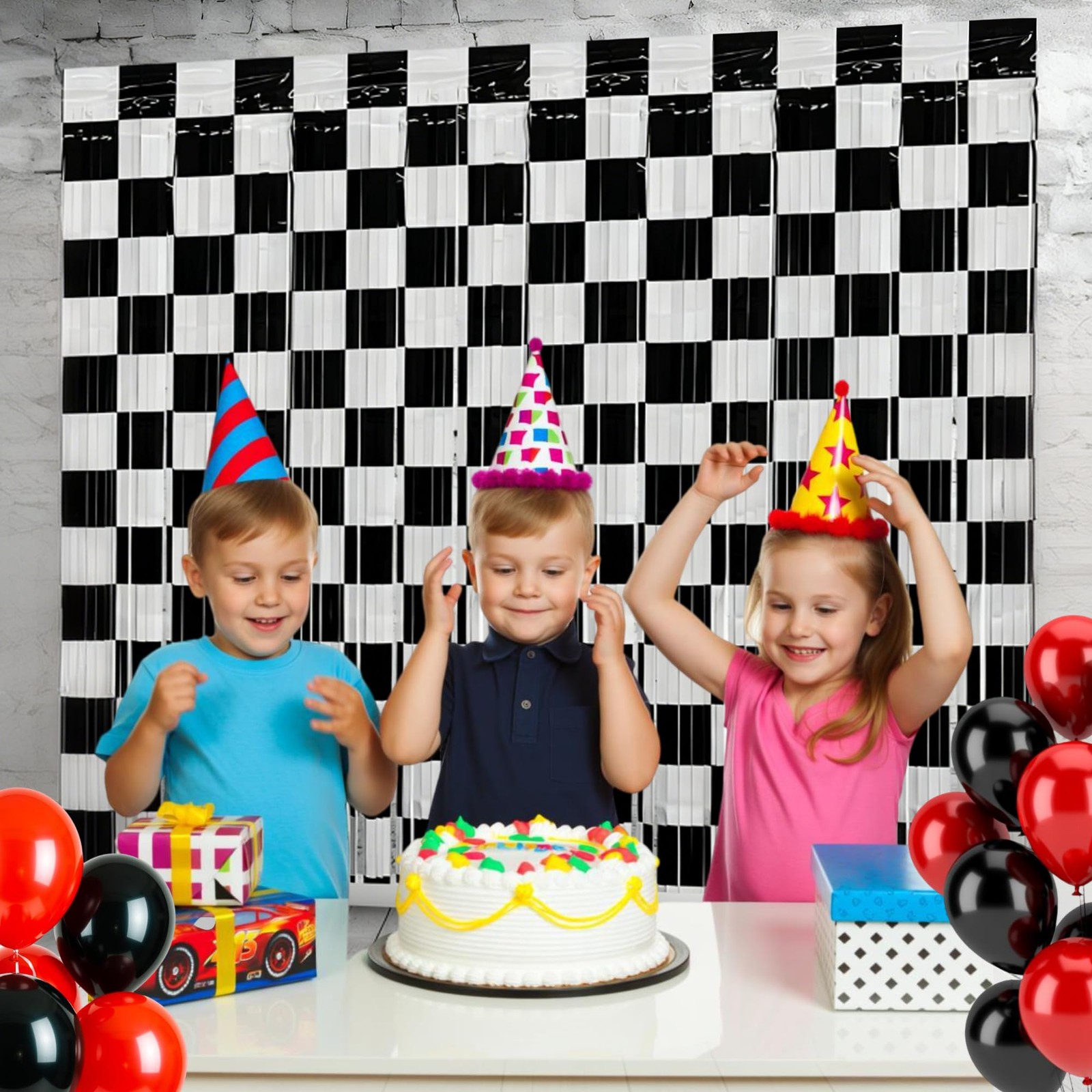 Birthday Party Streamers Photo Booth Backdrops Black White Checkered Foil