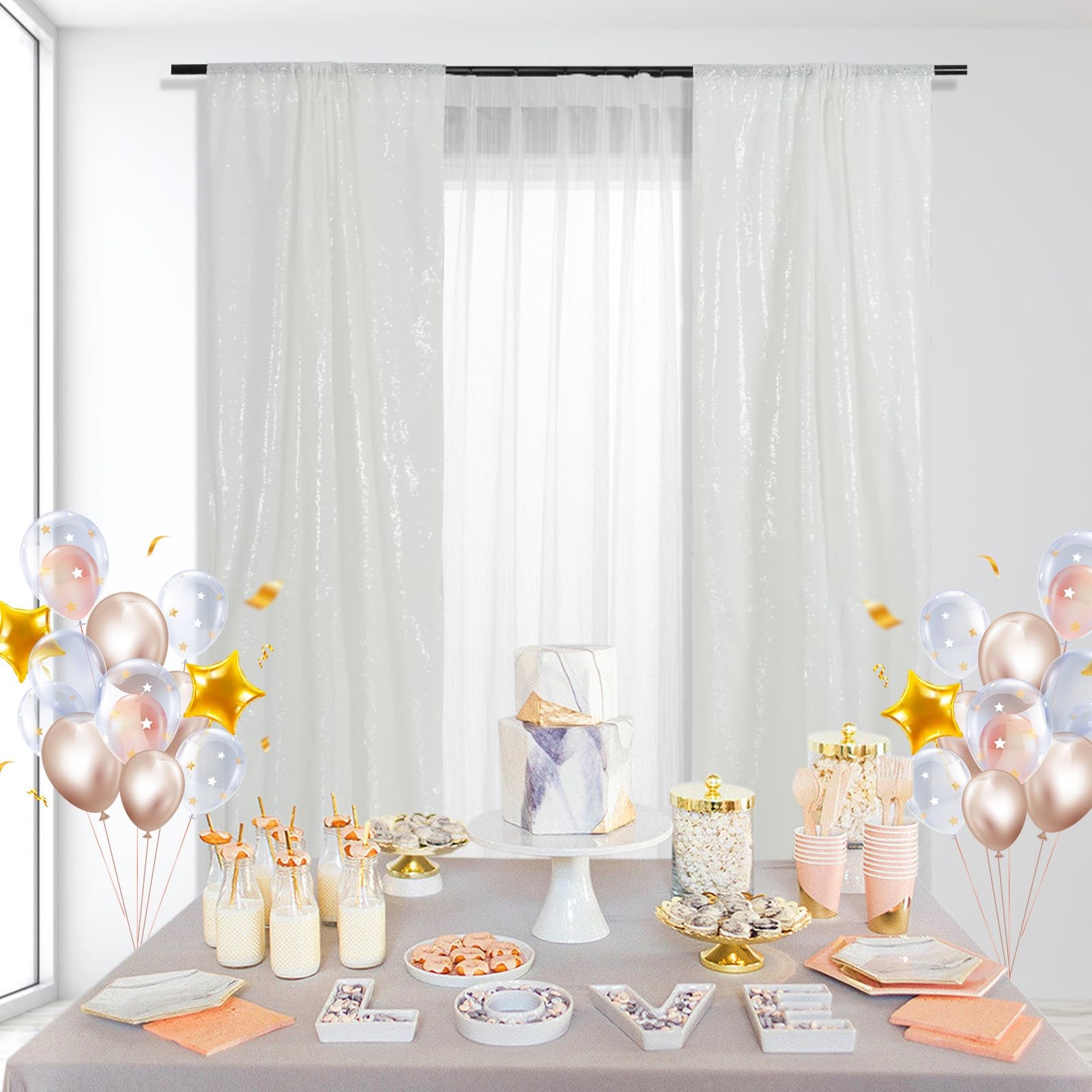 White Sparkly Sequin Backdrop Curtains 2FT X 8FT 2 Panels for Wedding Party R…