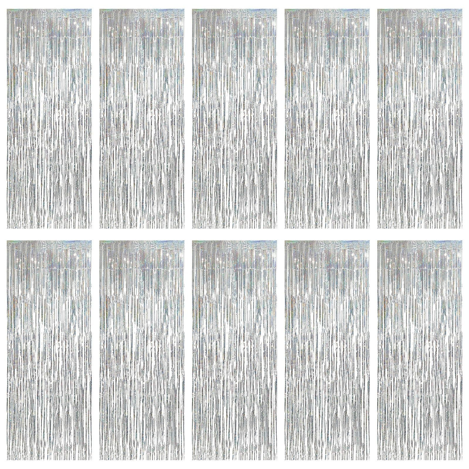 10 PCS Silver Foil Curtain Backdrop 3.2×6.6 Ft Metallic Tinsel Fringe Decor