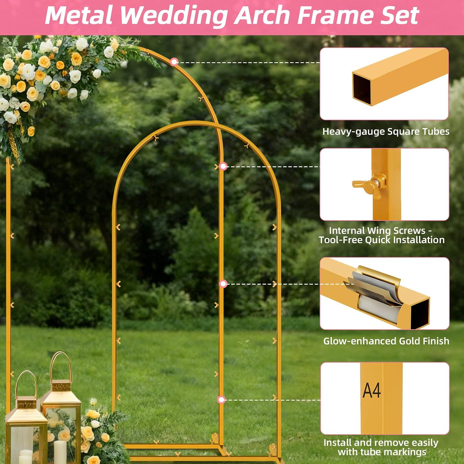 Metal Arch Backdrop Stand, 7.2FT+6FT Wedding Arches Frame, Gold Wedding Arch Bac
