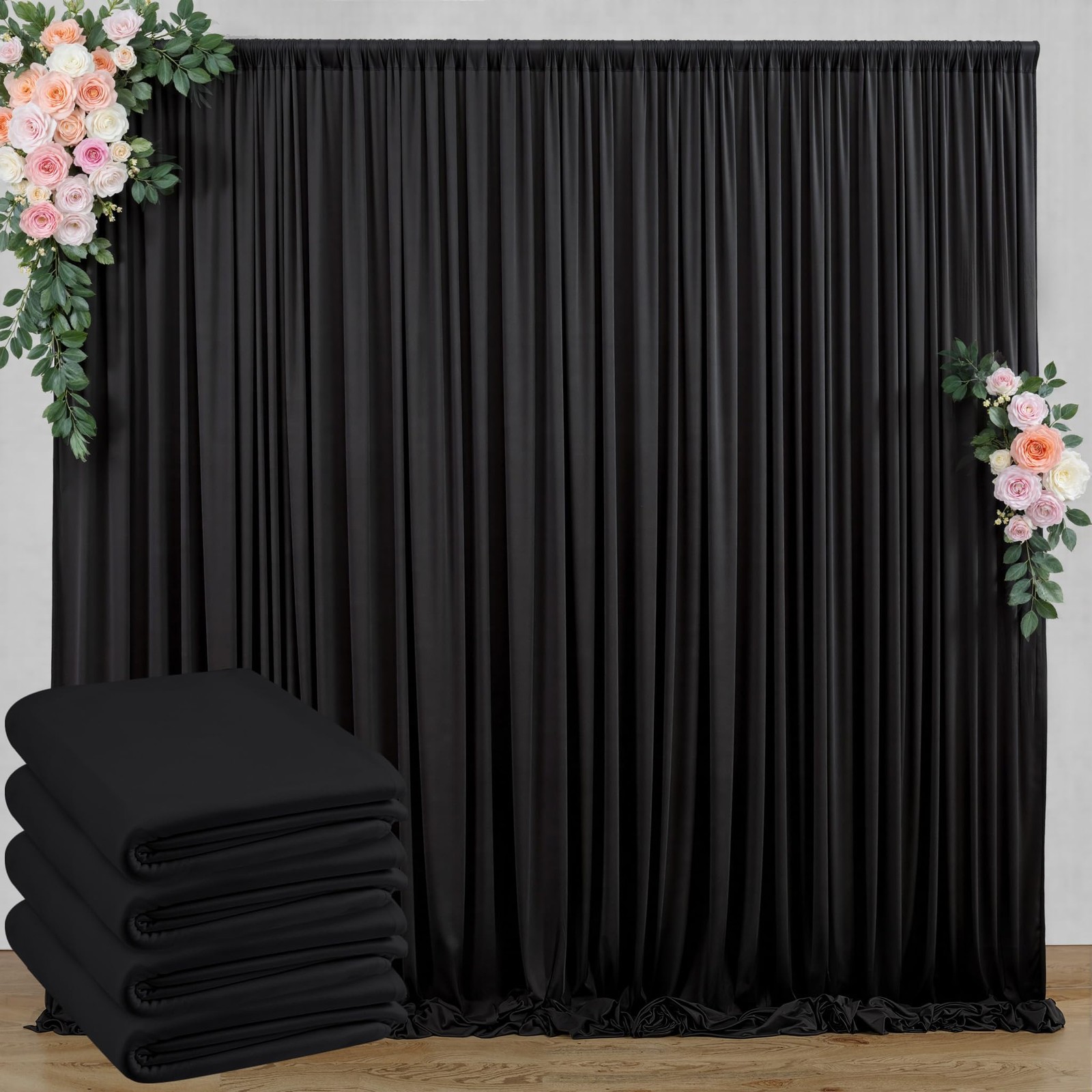4 PCS 5×10 FT Black Wrinkle Free Polyester Photo Backdrop Curtains Drapes