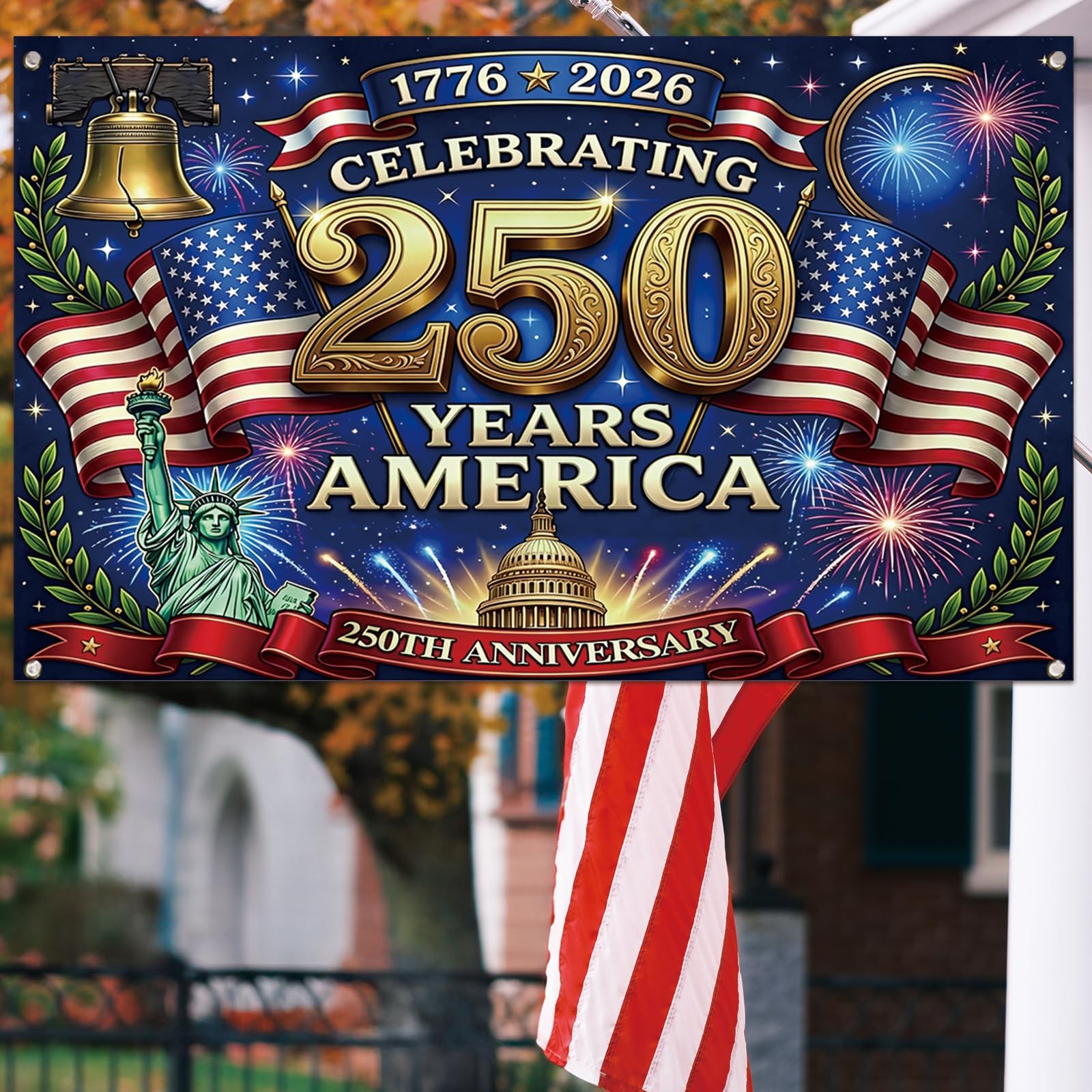 Large 250th Anniversary Flag Backdrop 1776-2026 4th of July Patriotic Banner