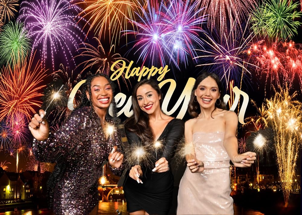 7x5FT Happy New Year Backdrop Eve Night City Fireworks Show Party Decoration