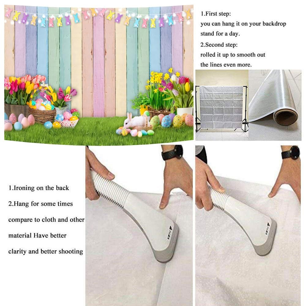 Easter Colorful Wood Backdrop Spring Flowers Green Lawn 7x5FT（210x150cm）