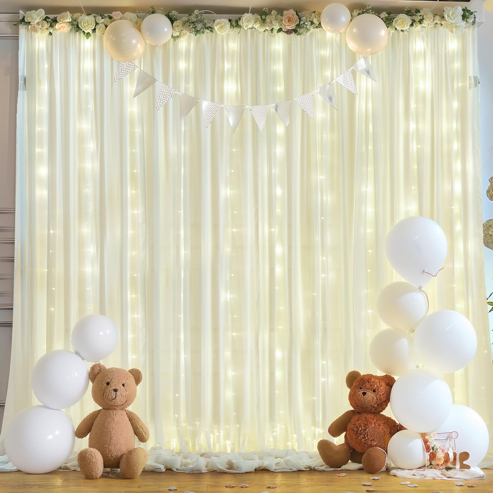 10x10ft Beige Chiffon Backdrop Curtain Lights Wedding Baby Shower Set