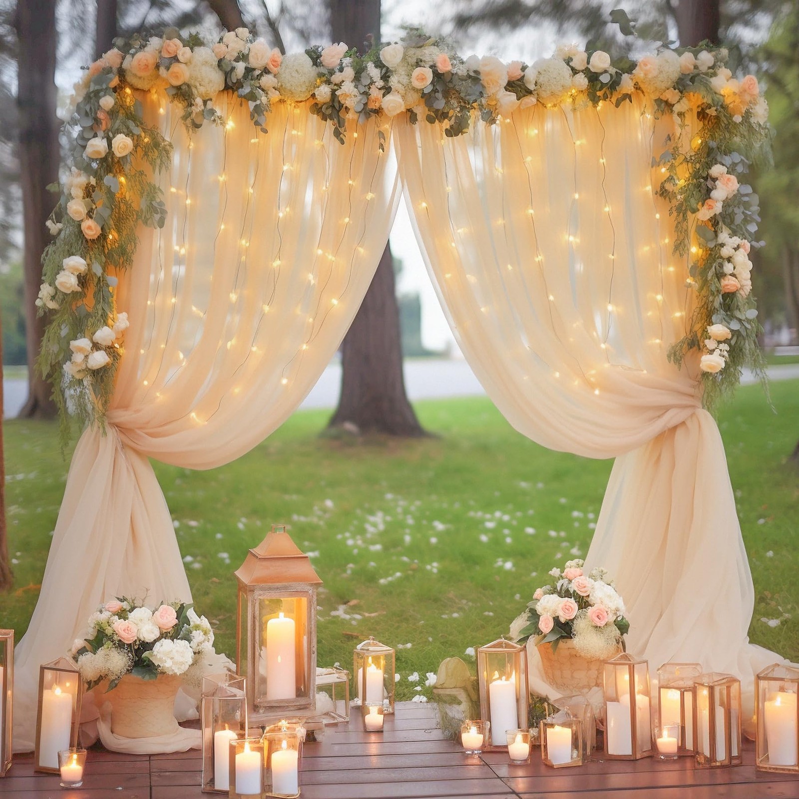 10x10ft Champagne Tulle Backdrop Curtain with Lights String for Parites, Shee…