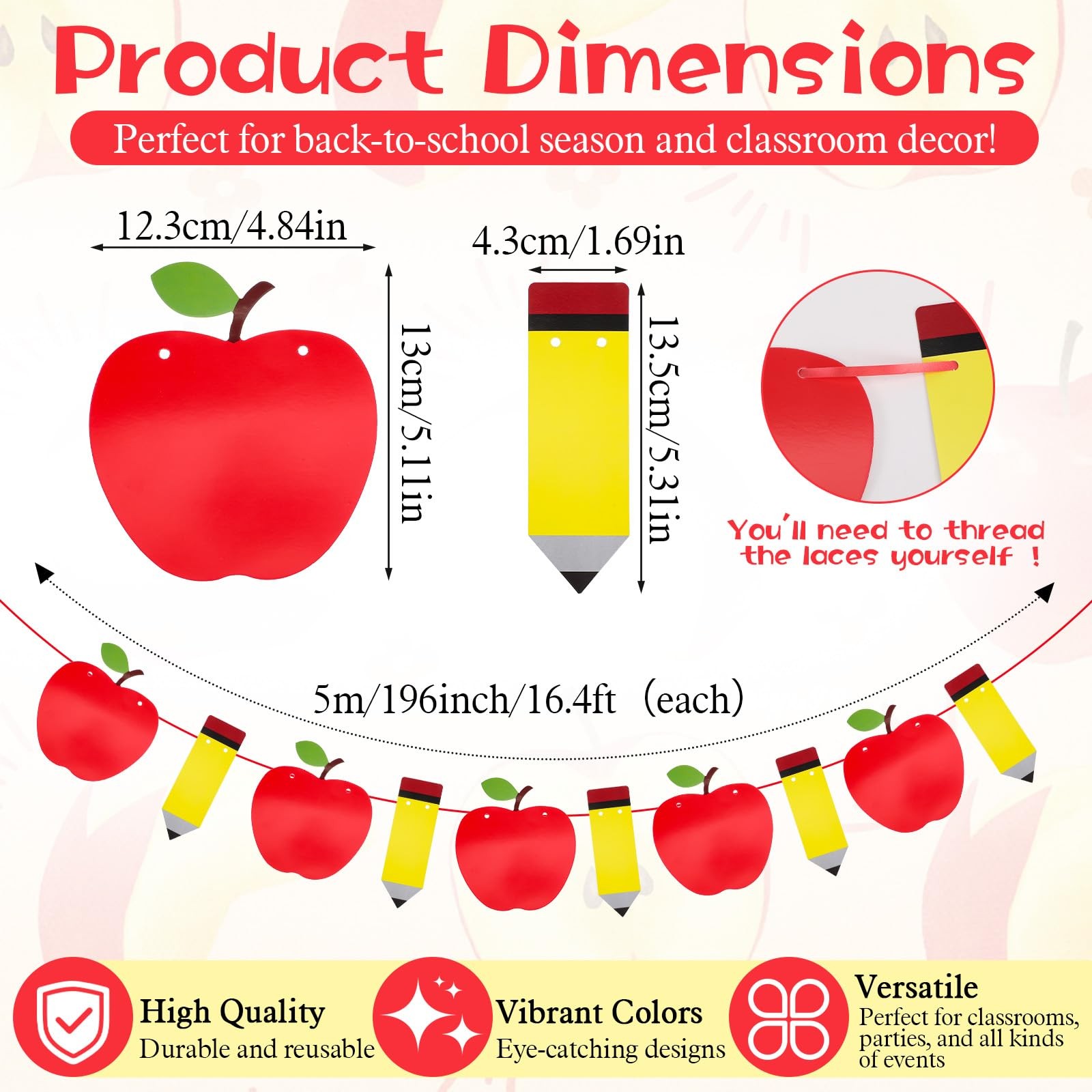 2pcs Back to School Decorations Pencil Apple Garland Banner Hanging Decor for…