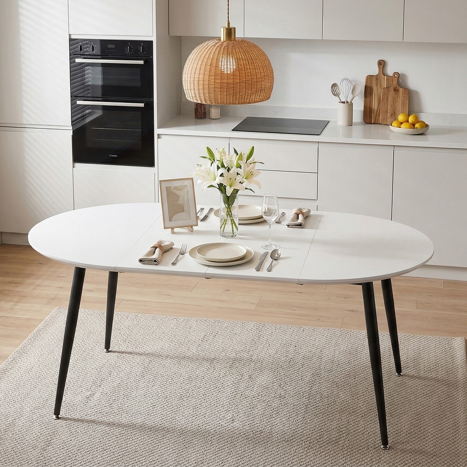 White MDF Extendable Round Dining Table with Black Metal Legs
