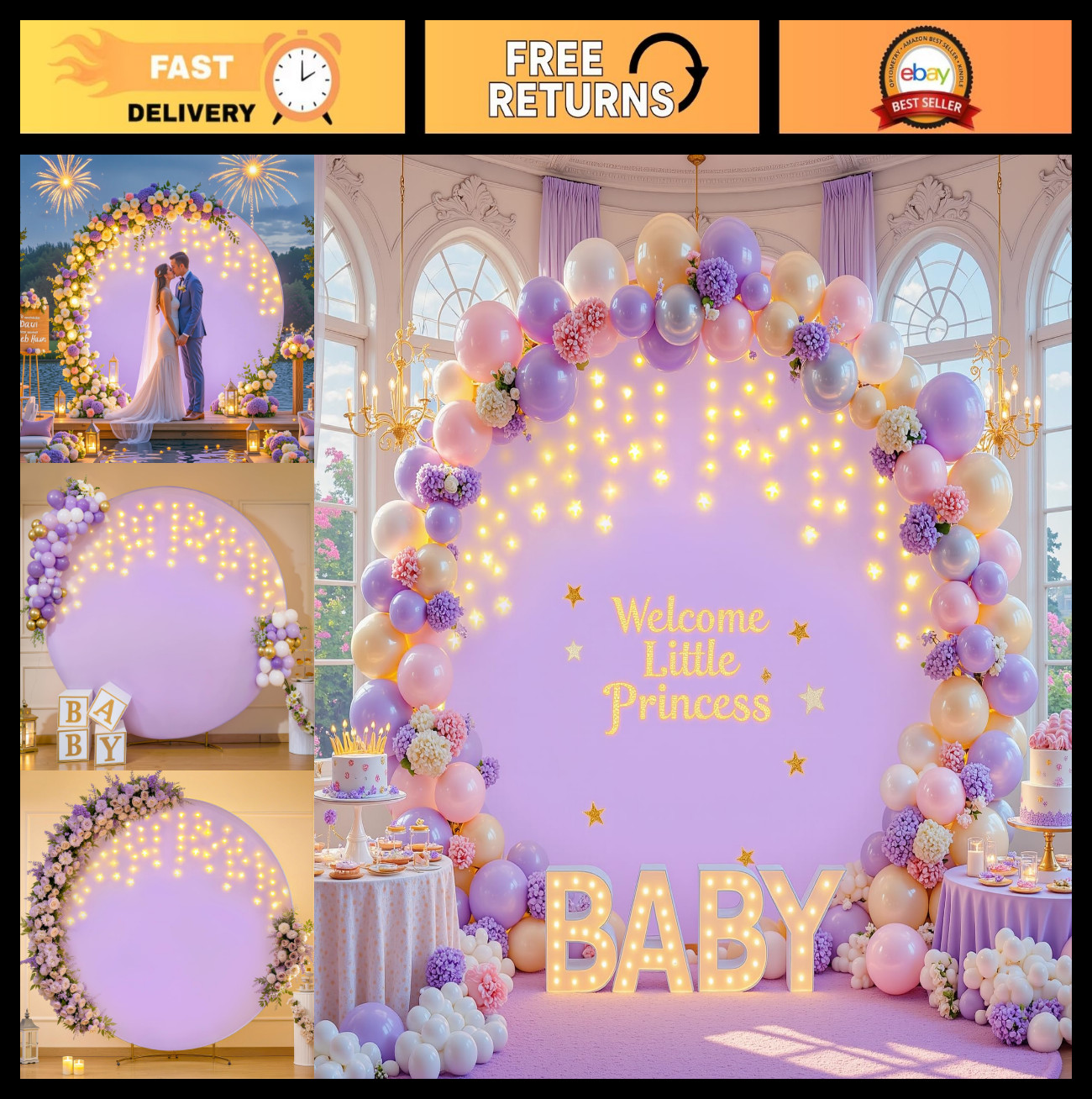 7.2 FT Purple Round Backdrop Cover with LED Fairy Lights for Weddings, Parties &