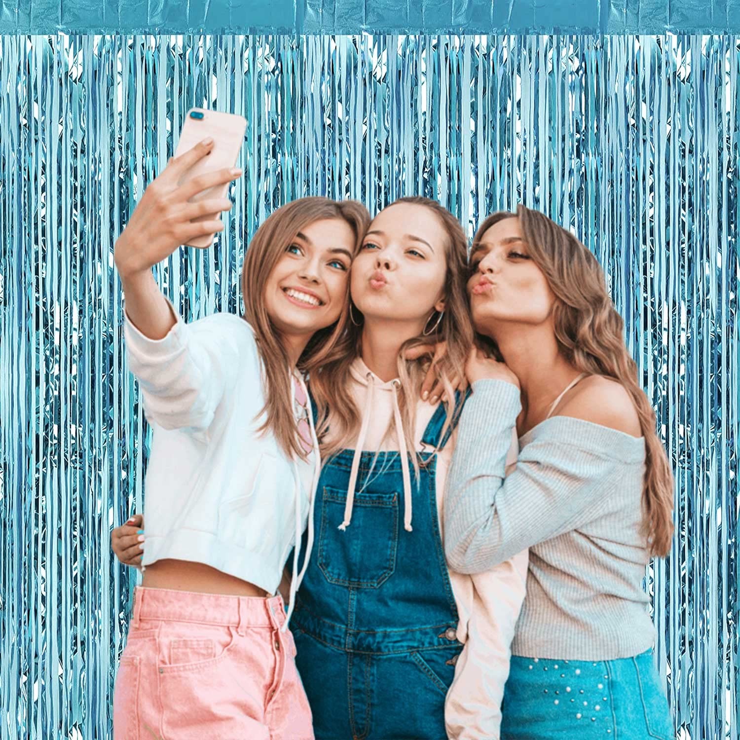 4 Pack Light Blue Foil Fringe Curtain Backdrop 3.3×9.8Ft Metallic Tinsel Decor