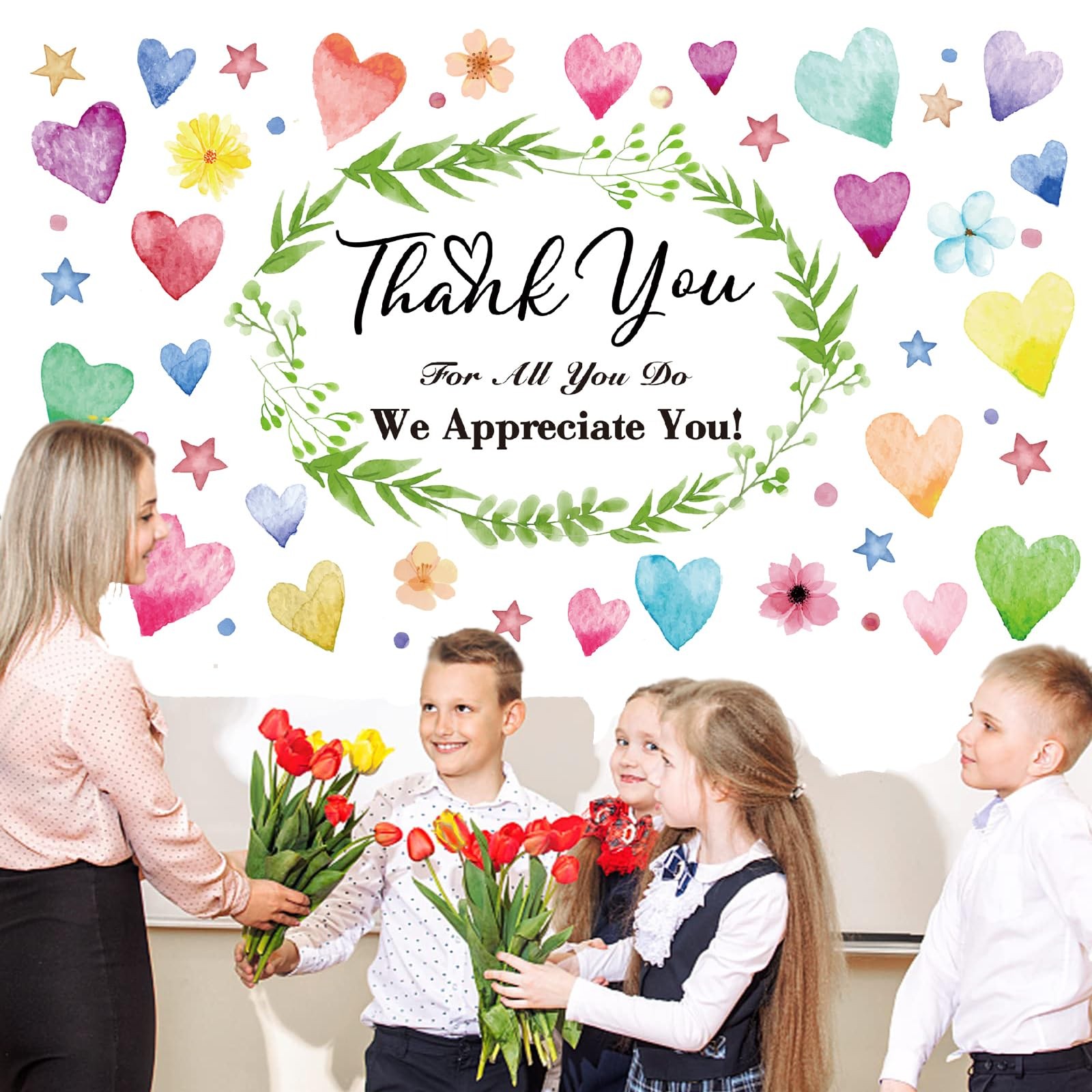Colorful We Appreciate You Banner Thank You for All You Do Backdrop Heart Flo…