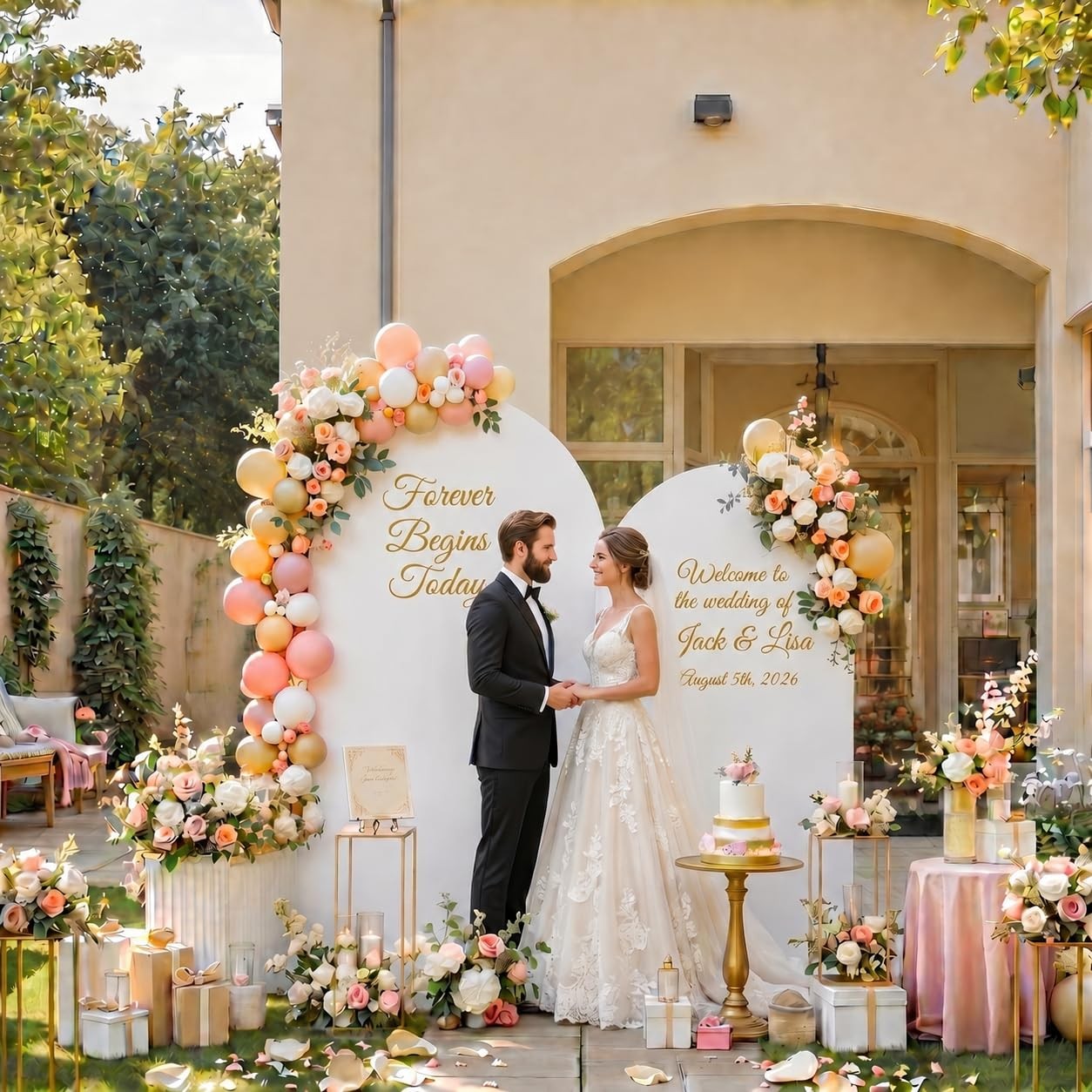 Metal Arch Backdrop Stand and Cover Set 7.2FT/6FT, Wedding Arch Frame with Sp…