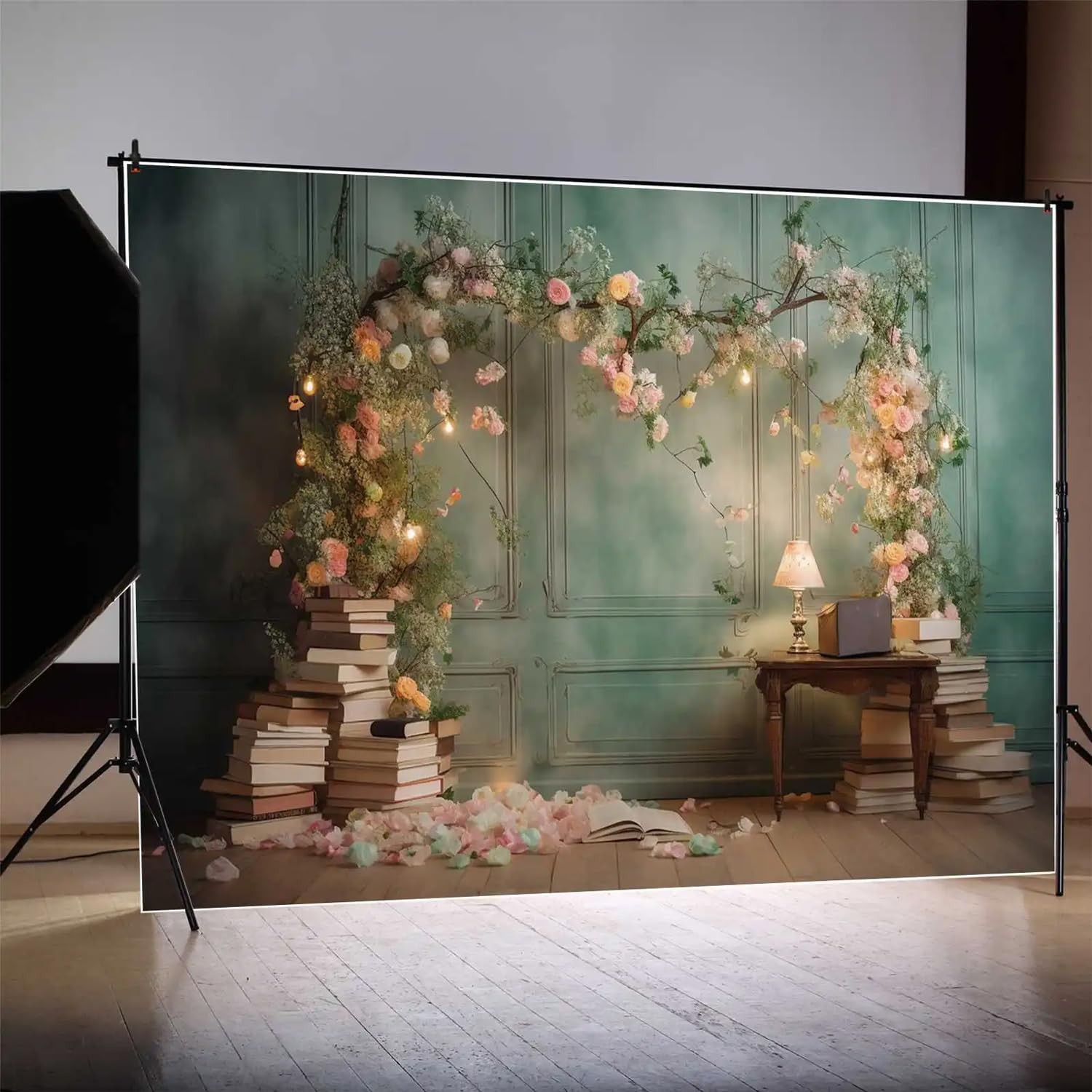 7x5ft Floral Fine Book Art Backdrop Green Wall Bulb Light Pink Photo Studio